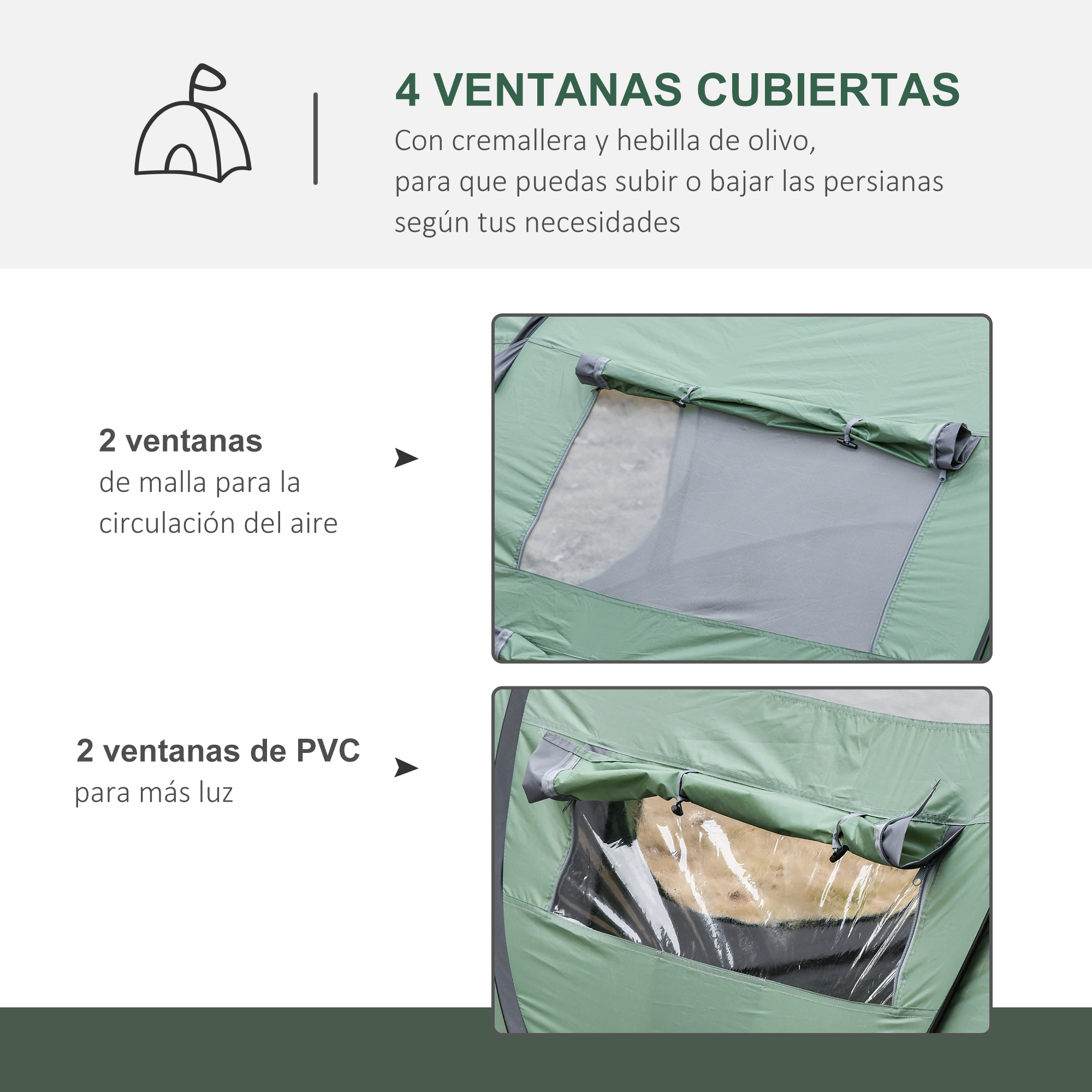 Diagrama de ventanas de tienda: ventanas de malla y PVC. Etiquetas de texto en español.