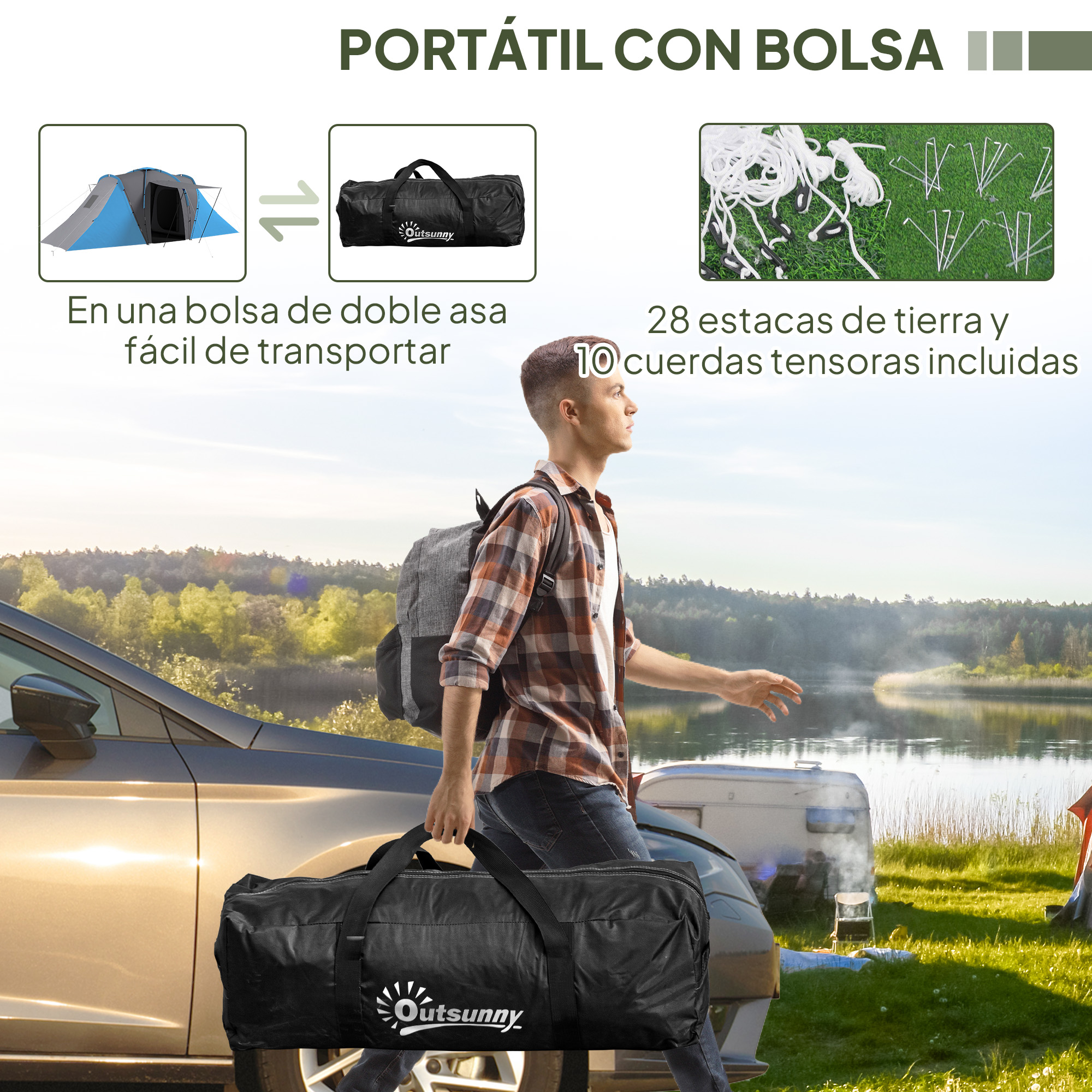 Un hombre lleva una bolsa negra con estacas de tienda y cuerdas, cerca de un coche y un lago.