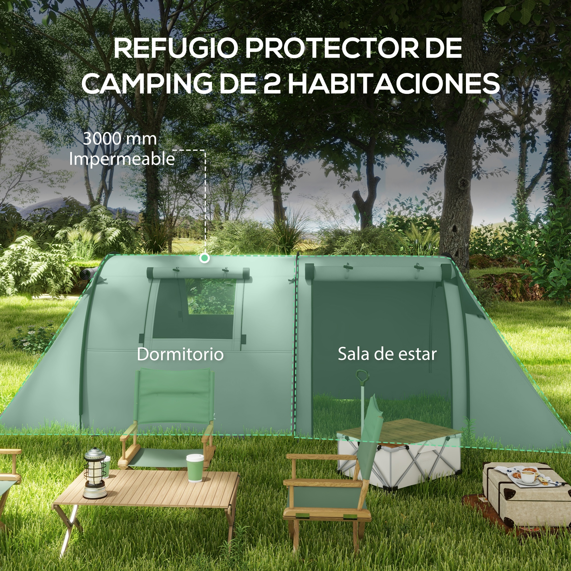 Una tienda de campaña está instalada en un campo de hierba, amueblada con sillas, una mesa y un baúl.