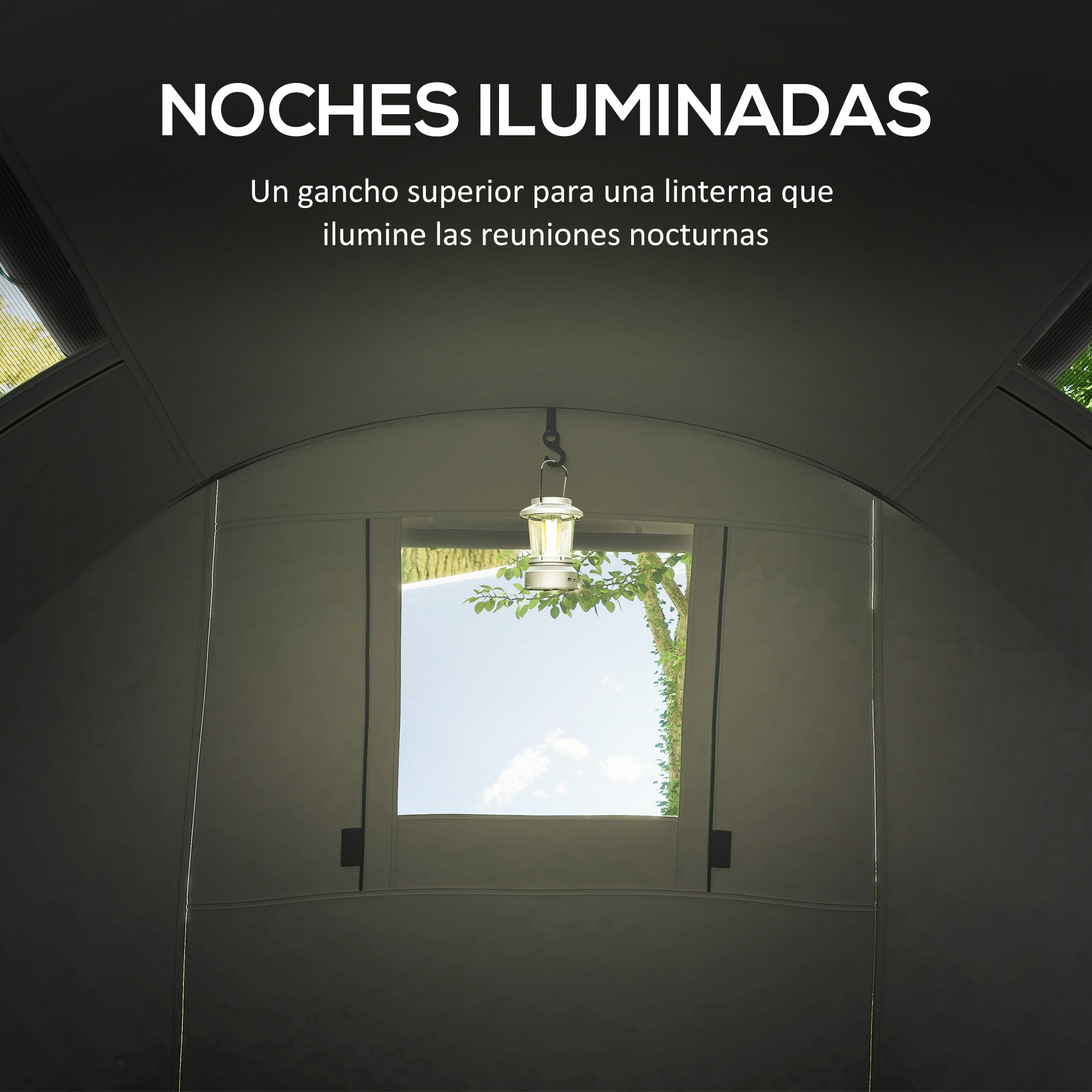 Dentro de una tienda, una linterna cuelga de arriba, iluminando una ventana al exterior.