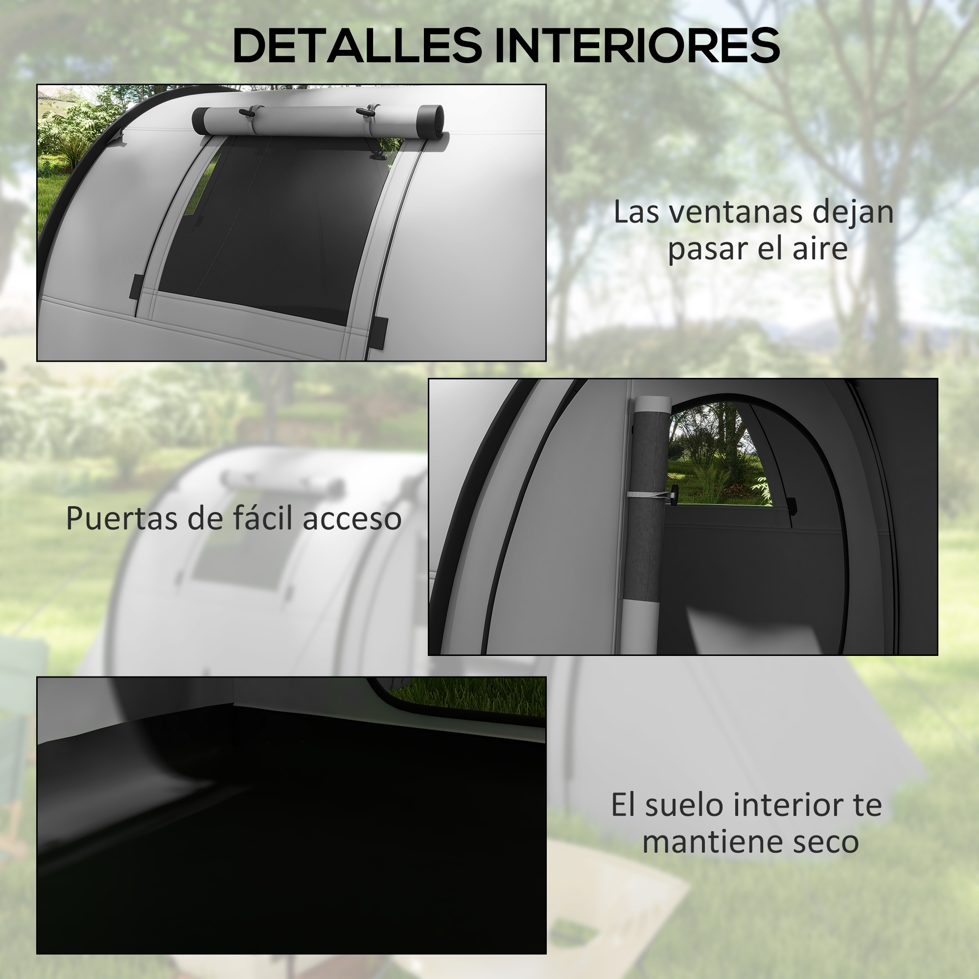 El collage muestra detalles del interior de la tienda: ventanas de malla, puertas de fácil acceso y un piso seco.