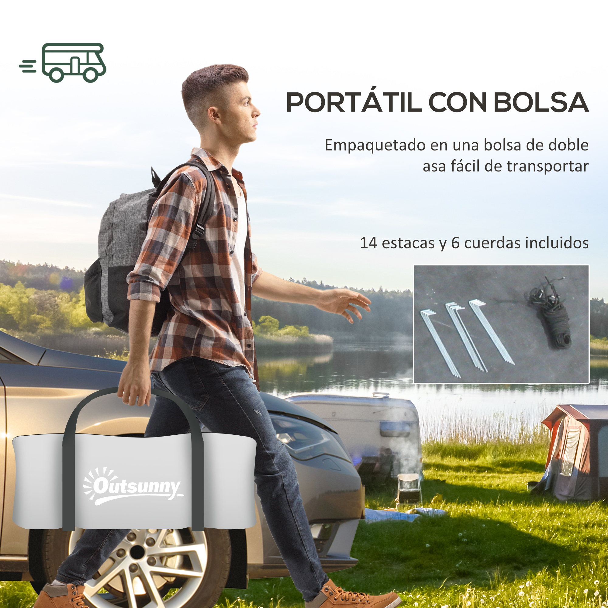 Un hombre lleva una tienda de campaña portátil en una bolsa en un campo de hierba, con un coche y un lago al fondo.