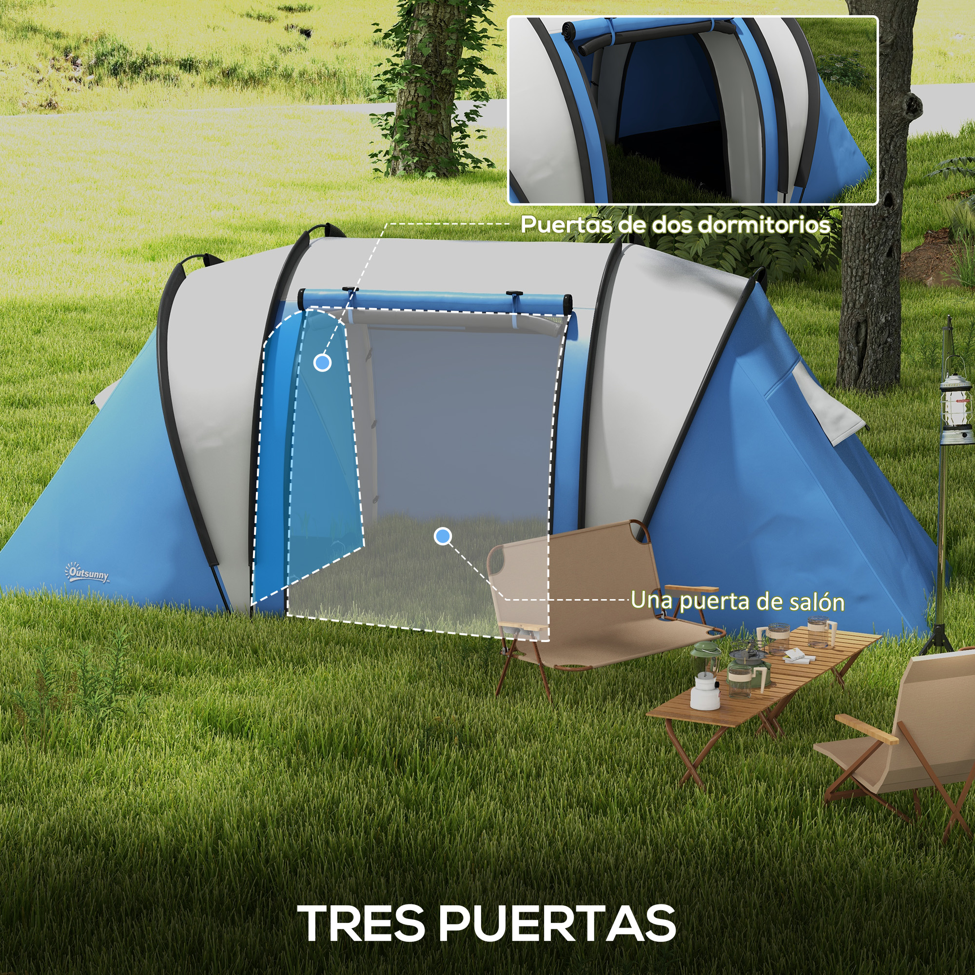 Tienda azul y gris con tres puertas instalada en un césped, con sillas y una mesa.