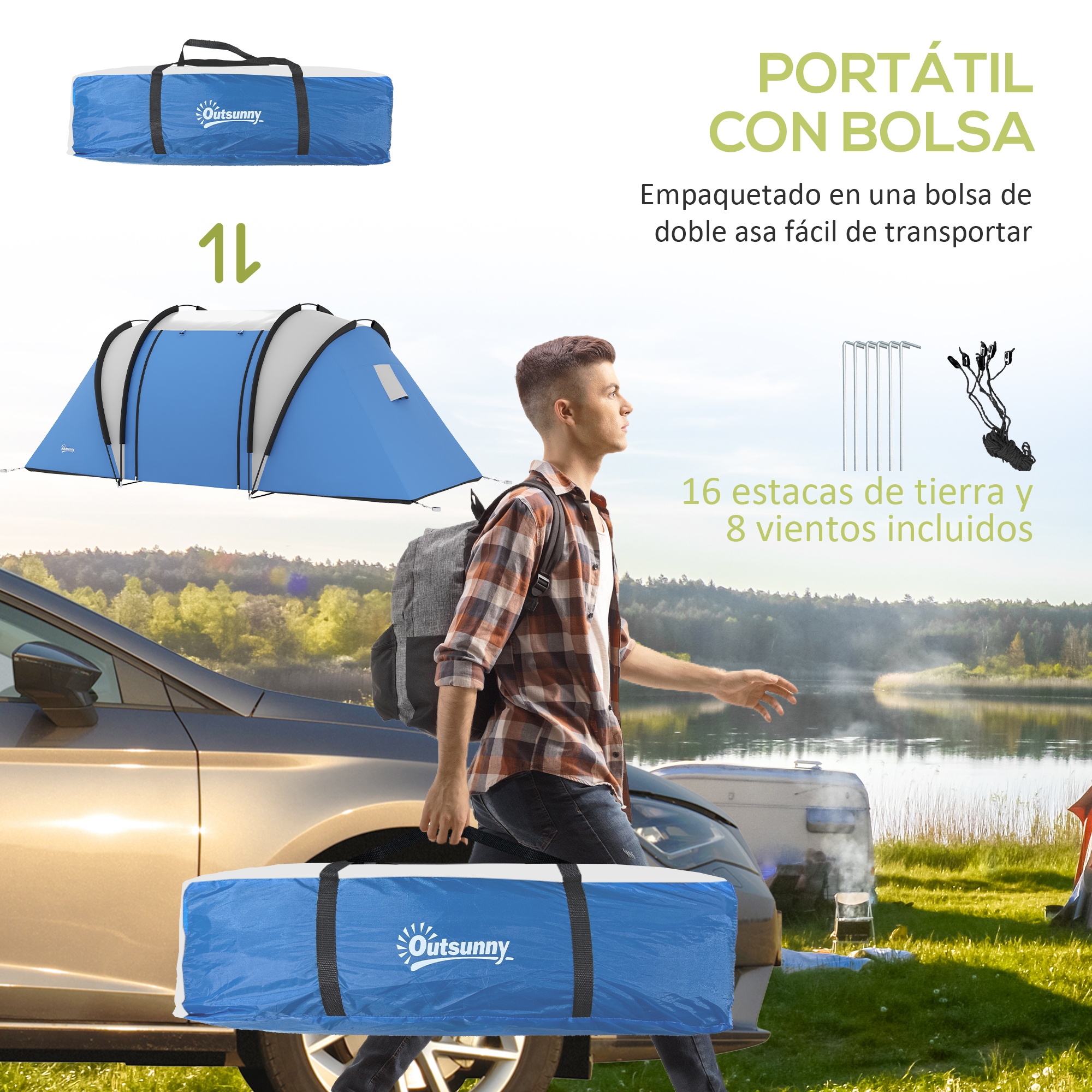 Hombre con mochila camina cerca de un coche. Tienda y bolsa de tienda también.