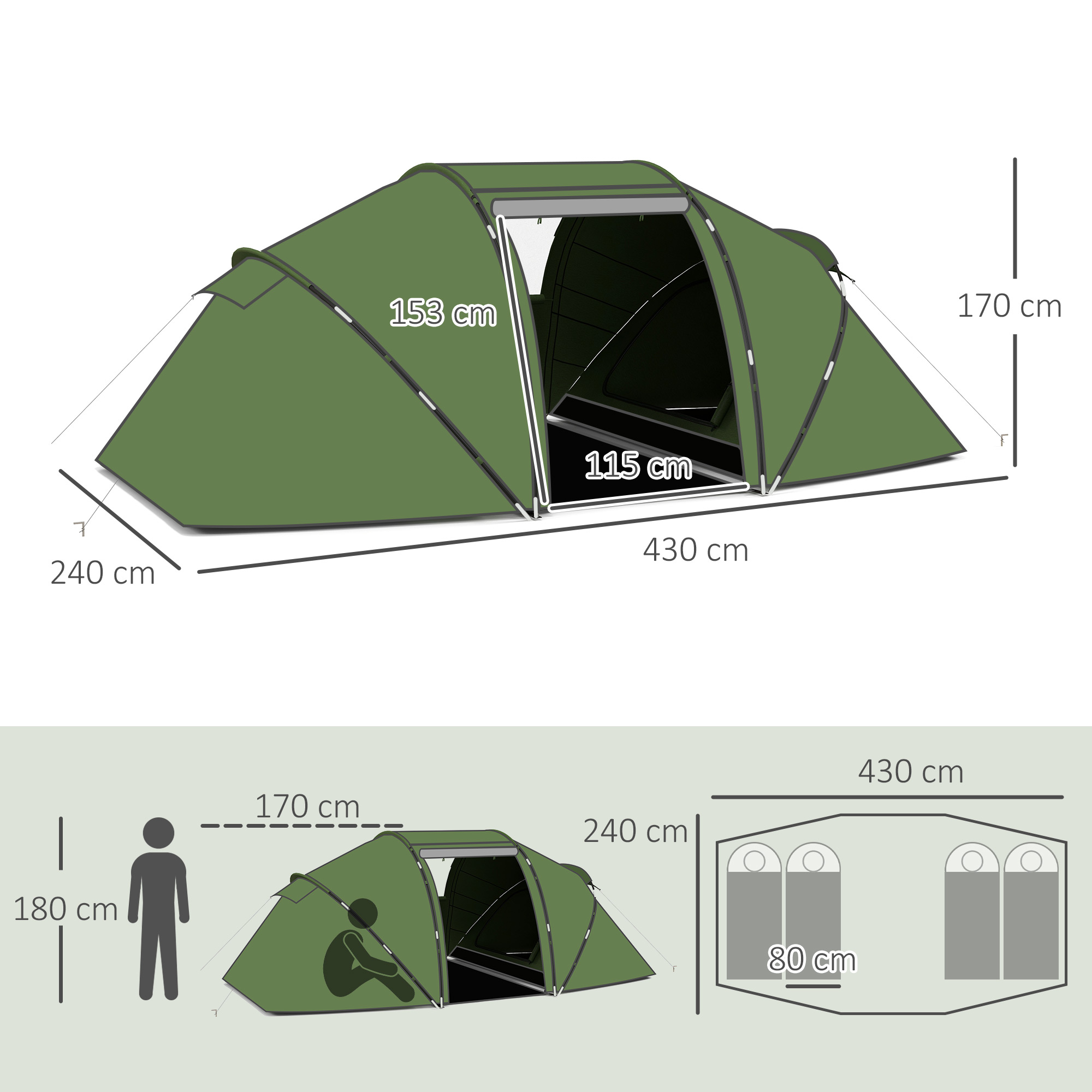 Tienda verde con dimensiones y un diagrama de una persona sentada dentro.
