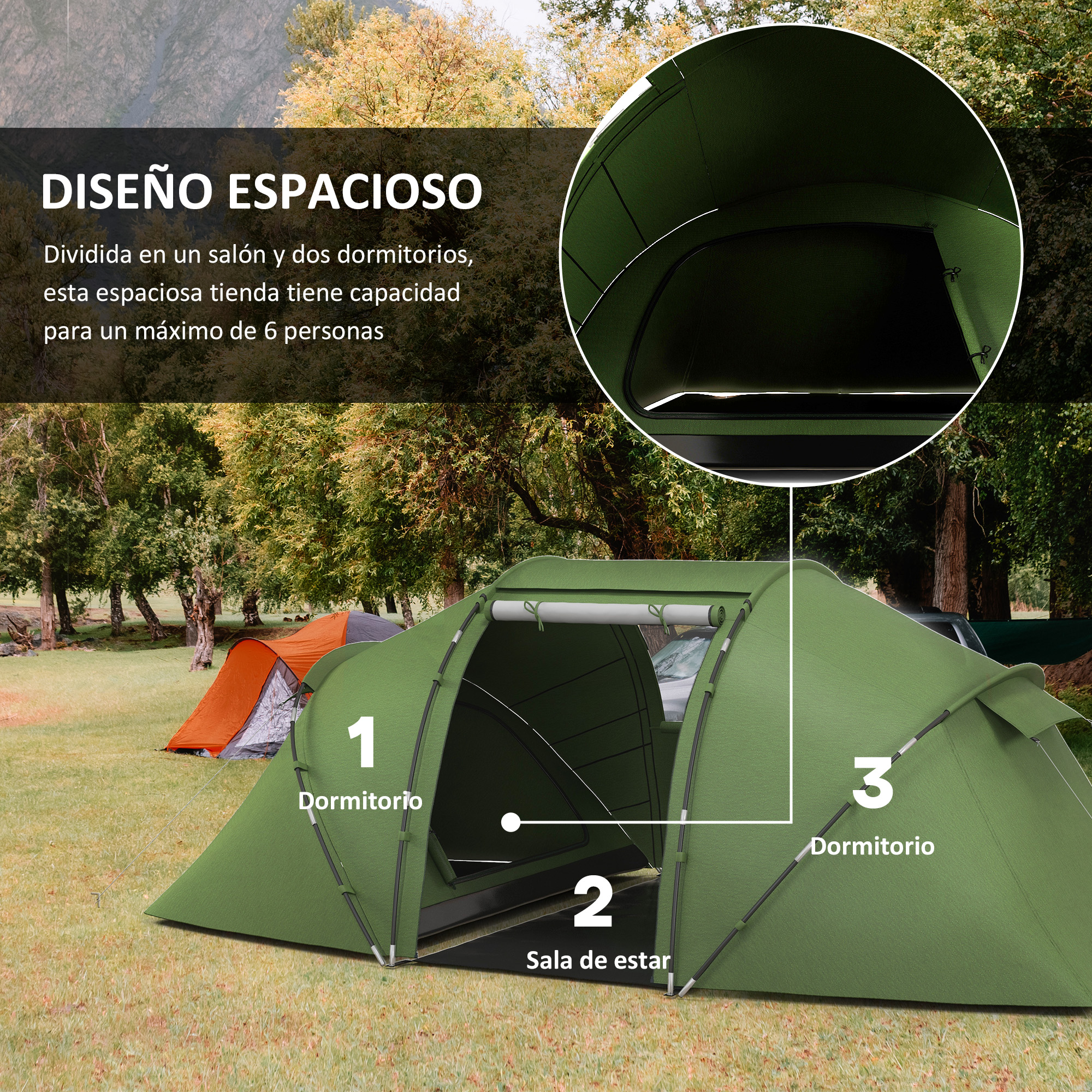 Una tienda verde en un campo cubierto de hierba con árboles y dos tiendas en el fondo.
