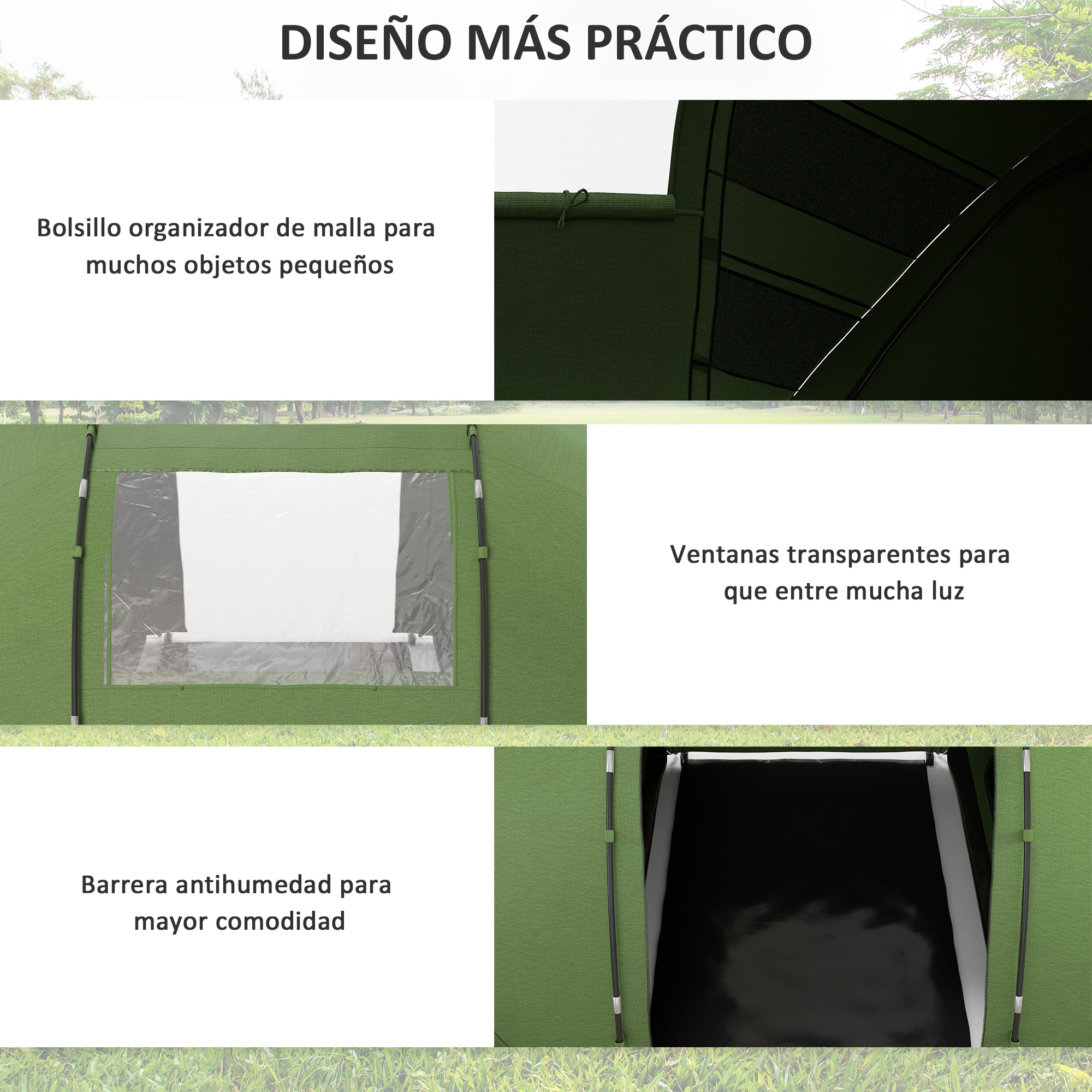 Un diagrama que muestra una tienda verde con etiquetas de texto, incluyendo malla, ventanas transparentes y una barrera.