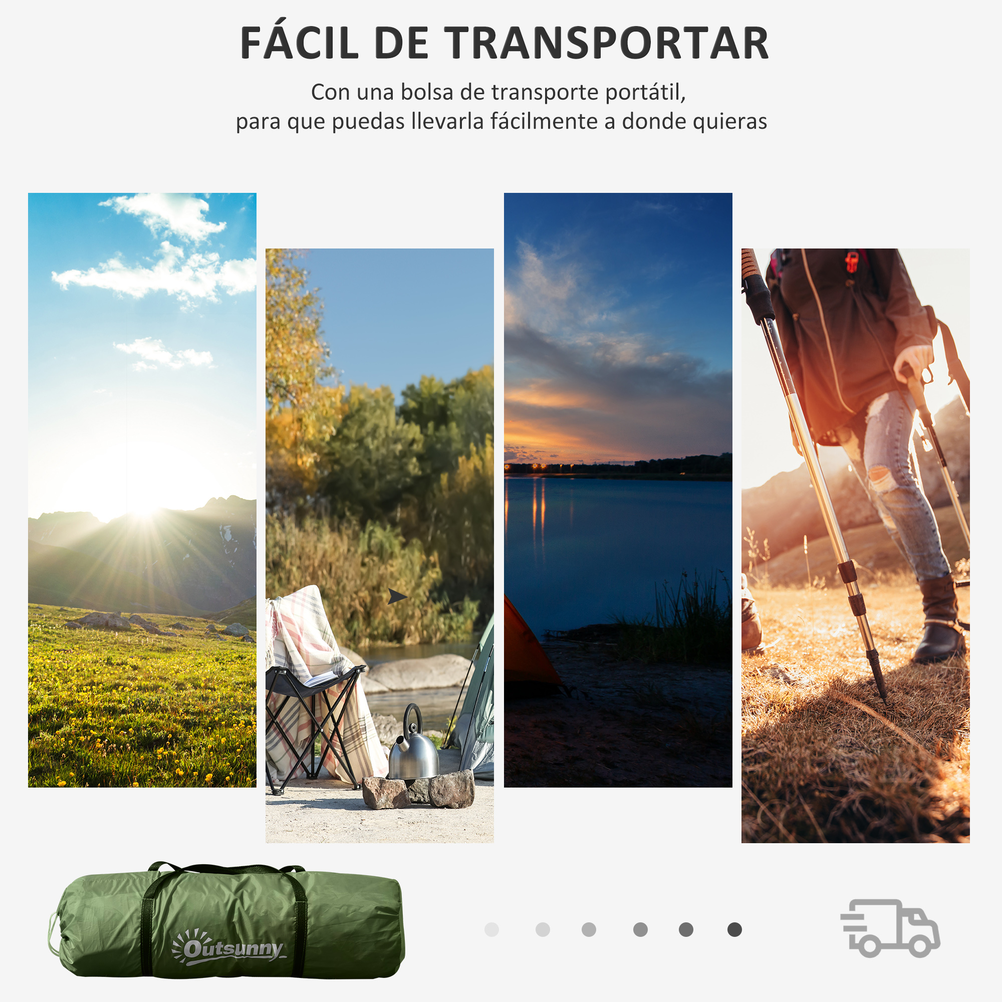 Serie de imágenes: vistas panorámicas, configuración de campamento y una tienda en una bolsa.