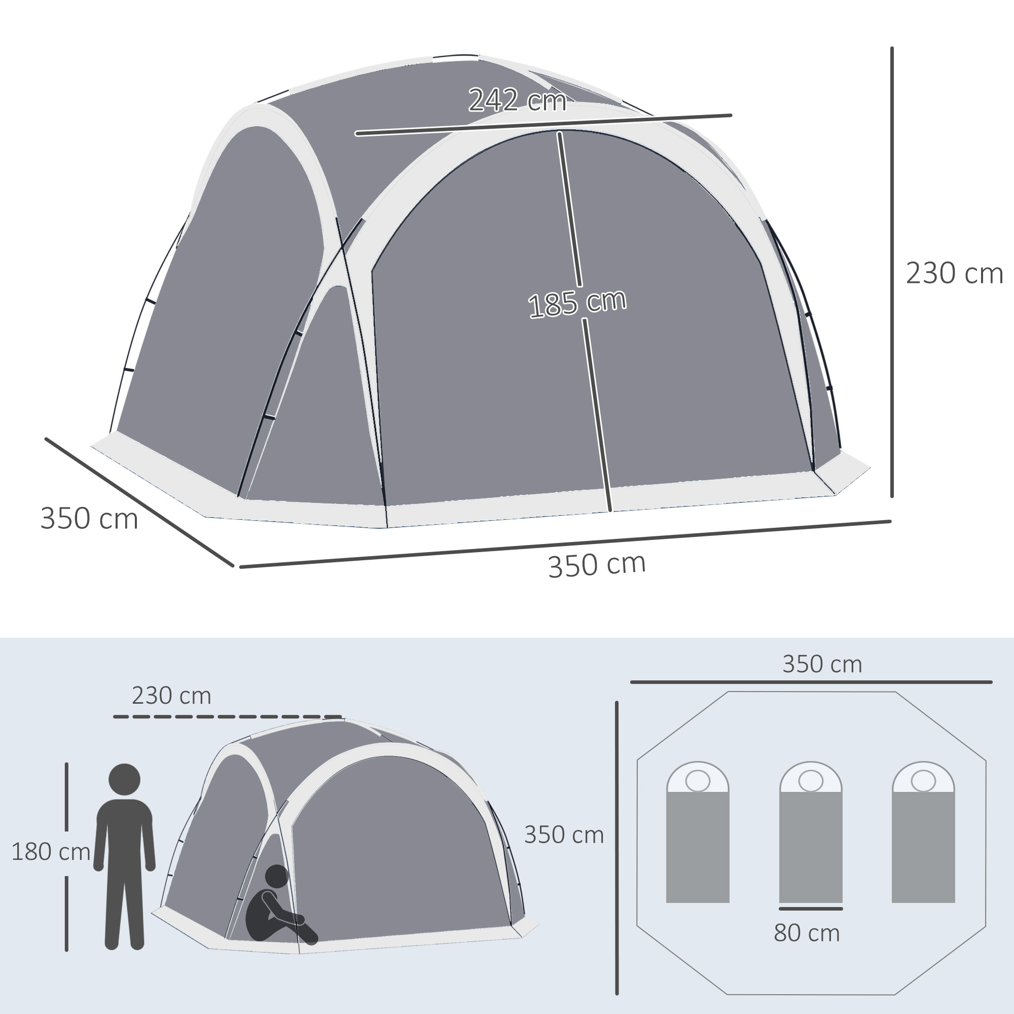 Tienda gris con dimensiones, diagramas que muestran el tamaño y la disposición de los sacos de dormir. Fondo blanco.