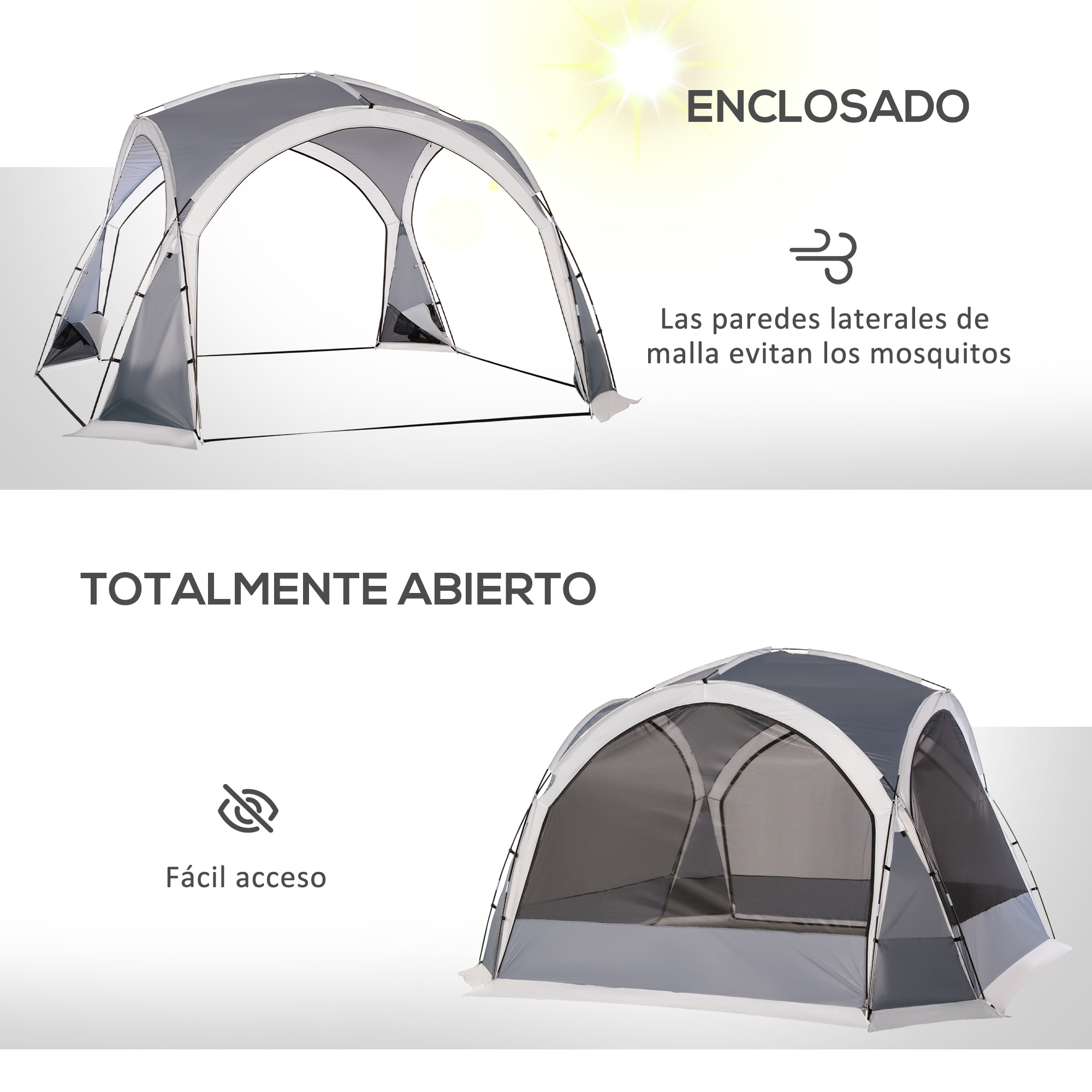 Tienda gris y blanca, diseño abierto, lados de malla, símbolo del sol en el fondo.