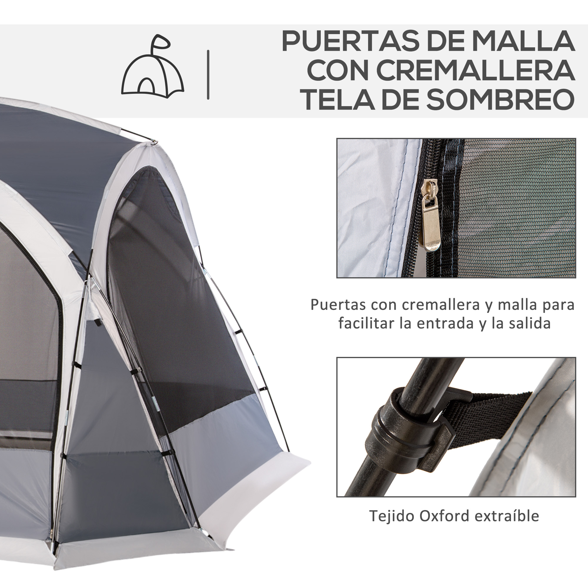 Primer plano de detalles de la tienda: puertas de malla con cremalleras y detalles de tela Oxford.