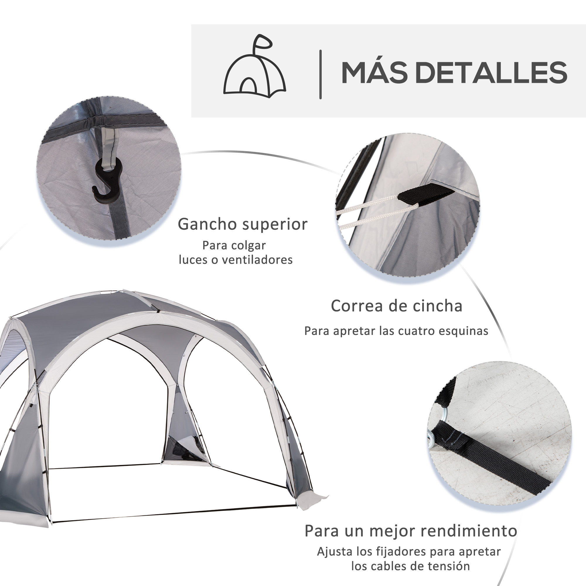 Primer plano de detalles de la tienda: ganchos, correa y cierres ajustables. Texto en español. Fondo gris y blanco.