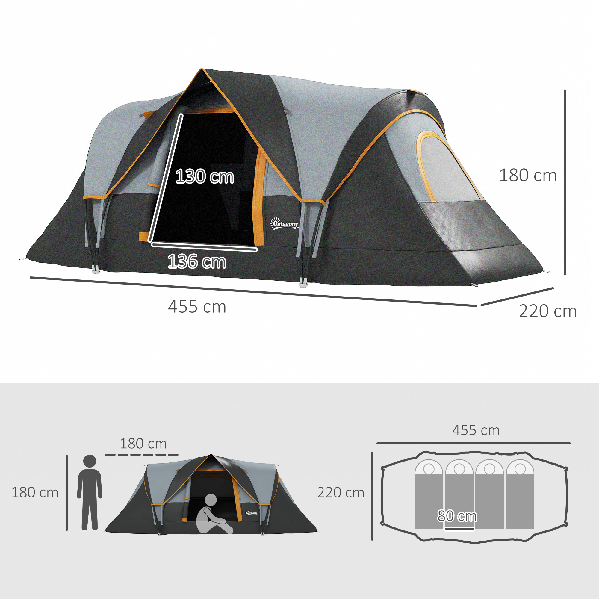 Tienda de campaña grande con dimensiones, con una persona y diagramas.