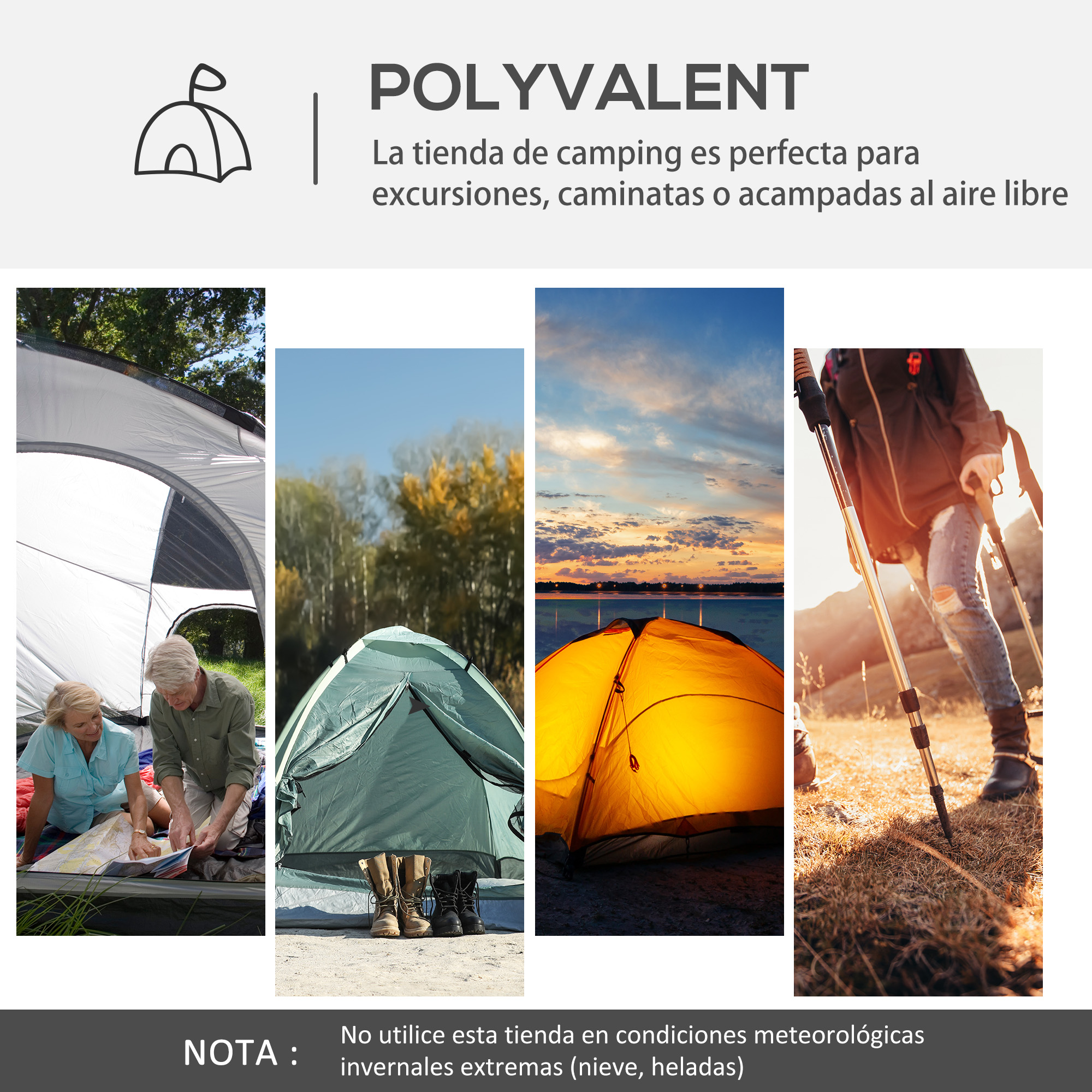 Collage de escenas de camping, incluyendo un interior de tienda, personas acampando y una persona caminando. Texto en español.
