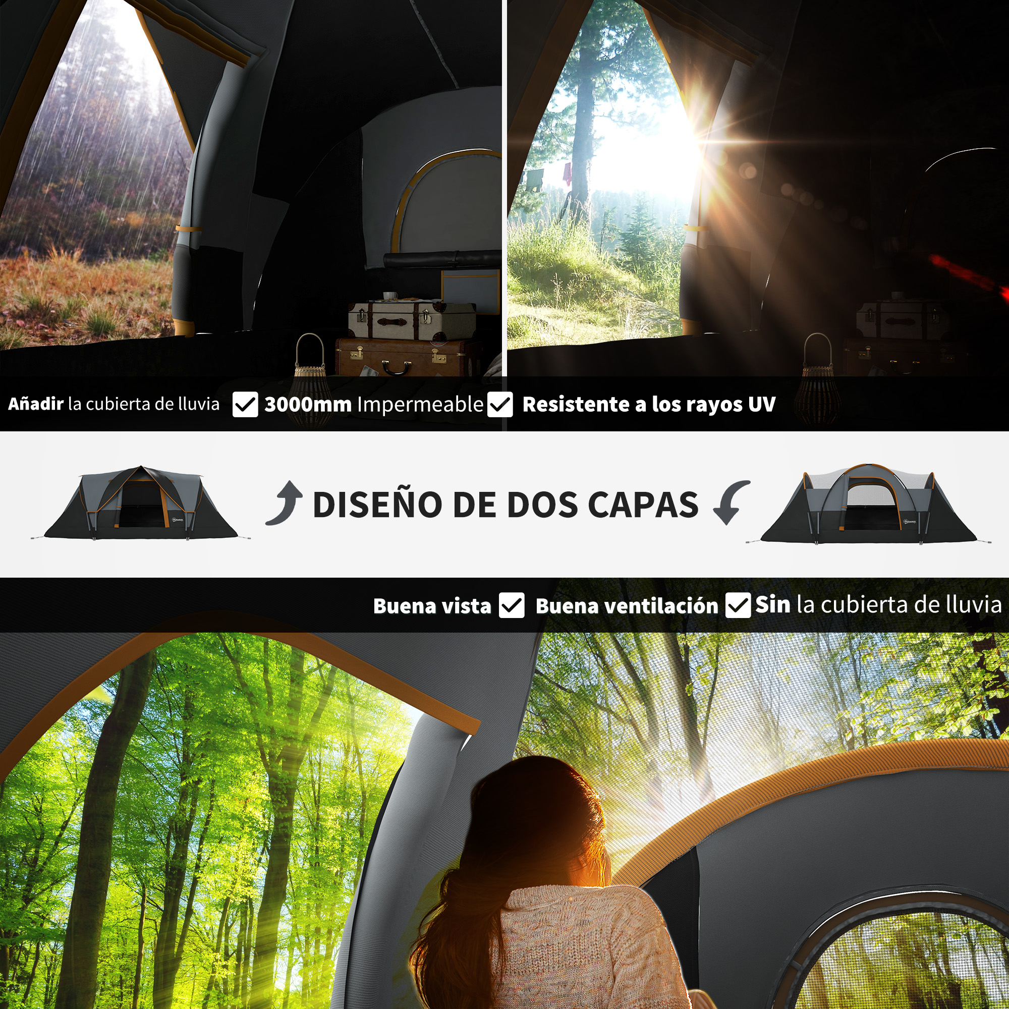 Vista interior de una tienda, con lluvia y sol visibles a través de las aberturas. Texto en español. Vista del bosque.