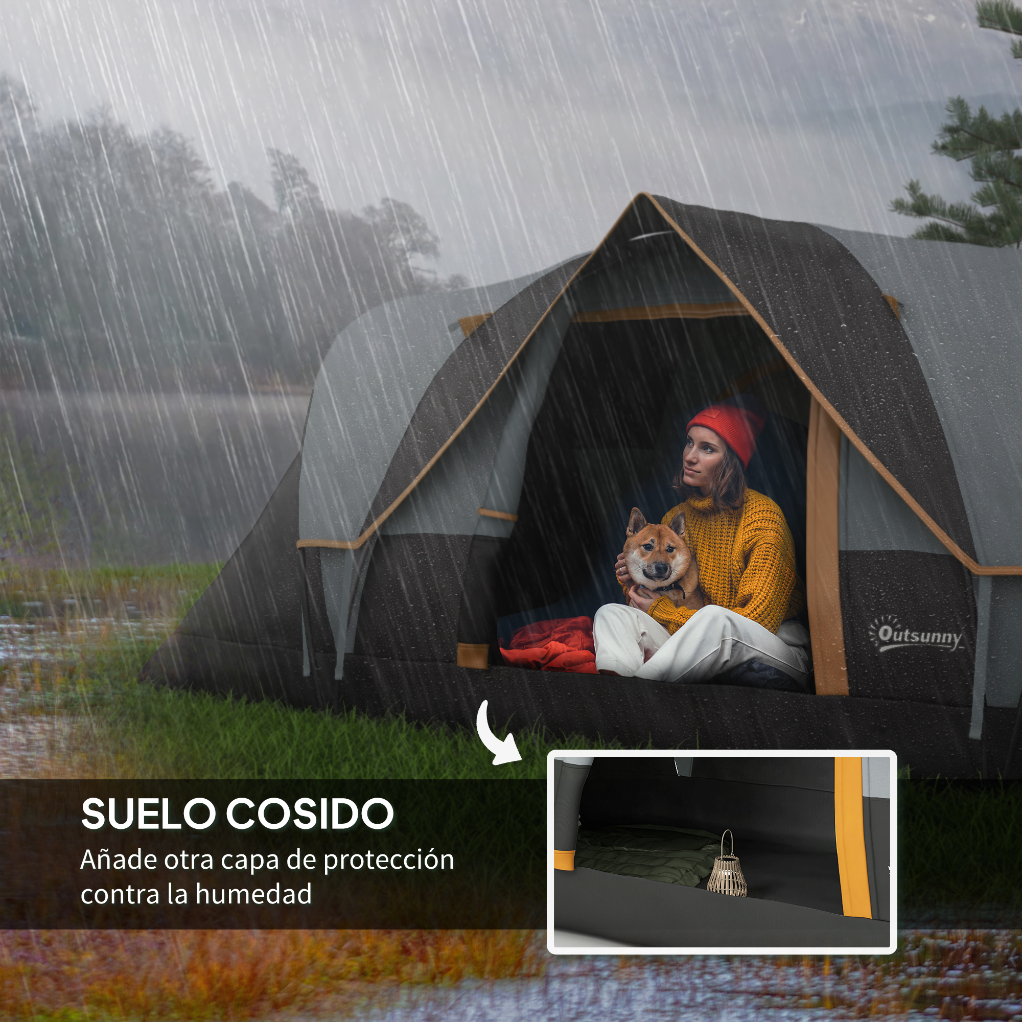 Mujer y perro en una tienda de campaña durante la lluvia. El suelo es cosido.