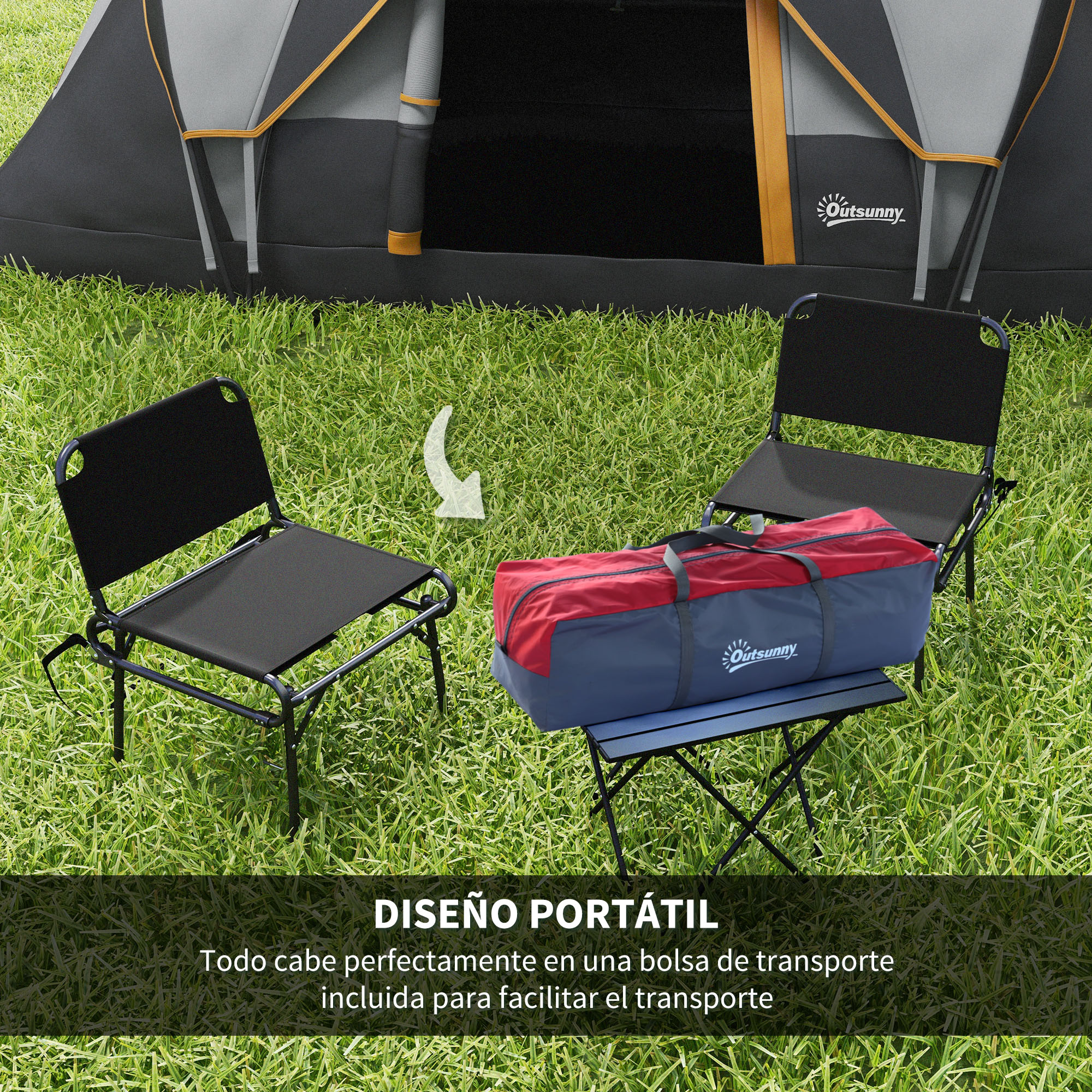 Dos sillas negras, una bolsa roja y azul, y una mesa están instaladas fuera de una tienda. Fondo de hierba verde.