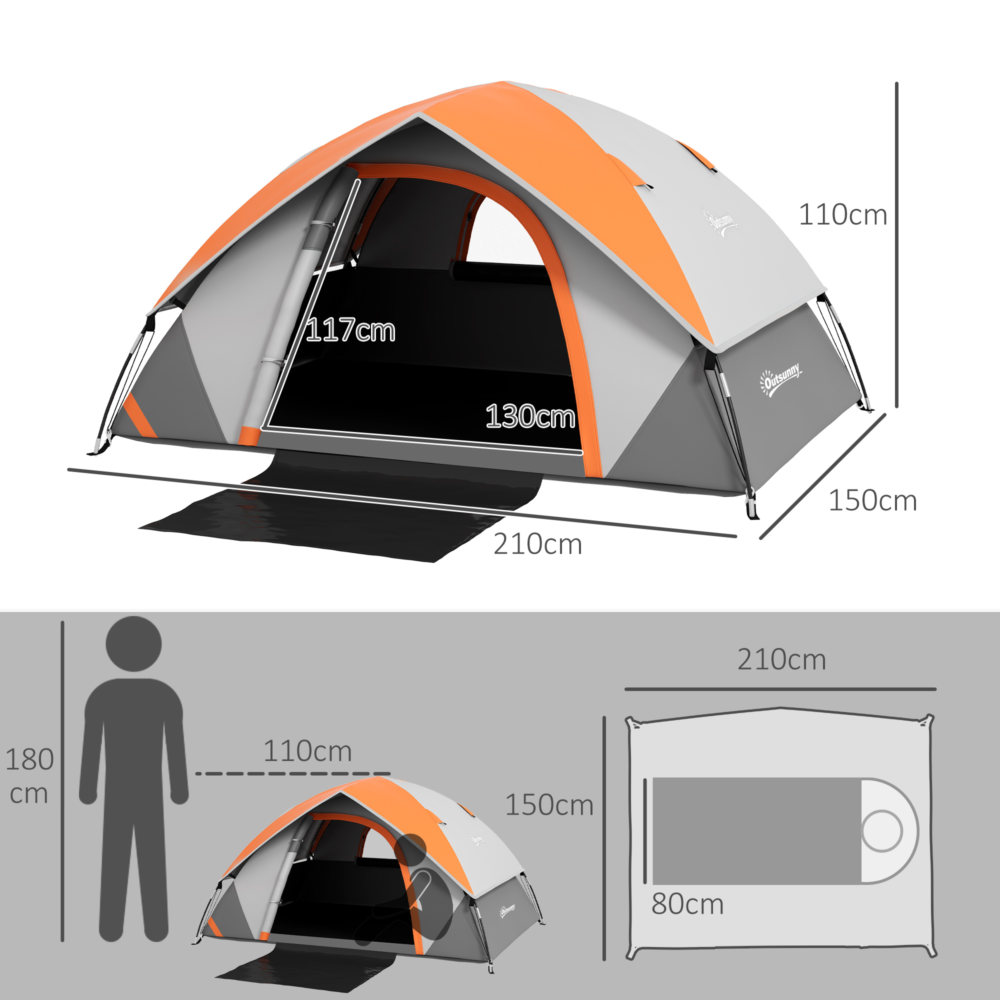 Diagrama de una tienda naranja y gris con dimensiones. Silueta de una persona.