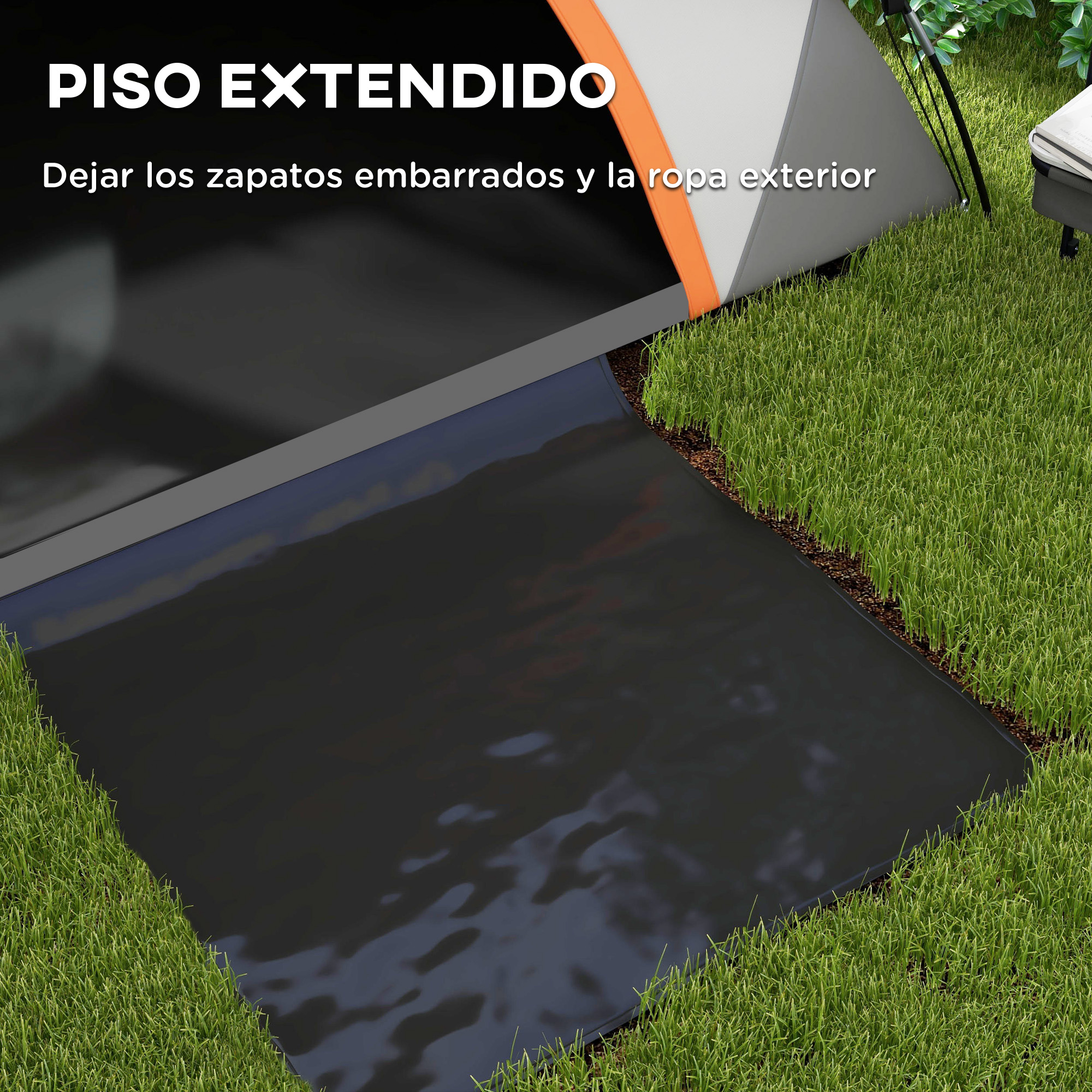 Primer plano de la entrada de una tienda con una alfombra negra sobre la hierba.
