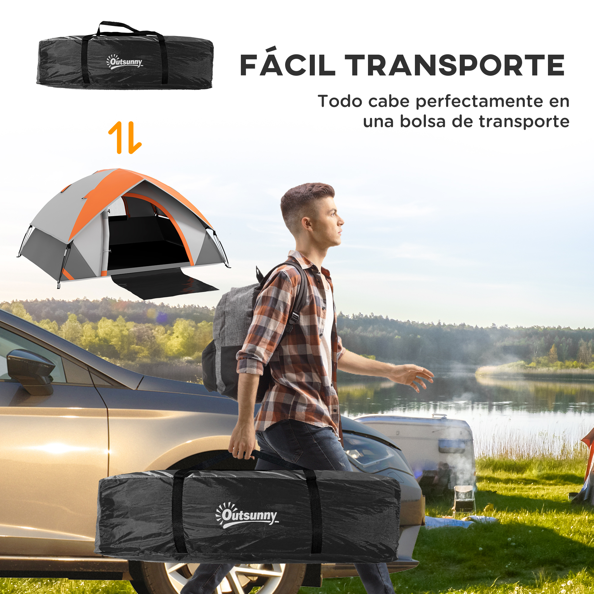 Hombre con una bolsa de lona junto a un coche. Tienda y lago al fondo.