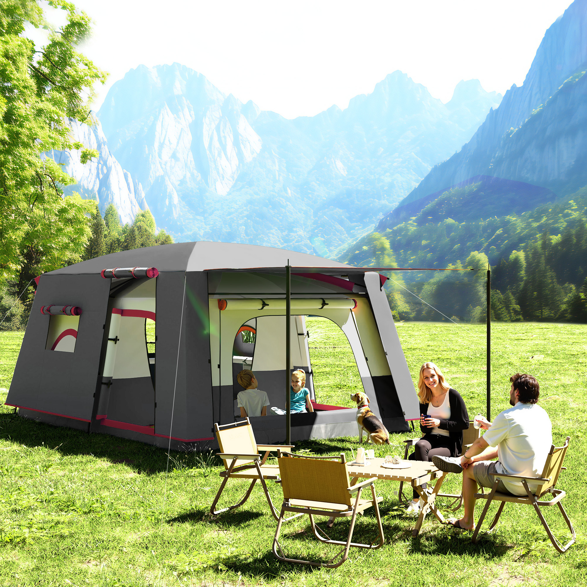 Familia acampando en una carpa con montañas de fondo. Un perro junto a una mesa.