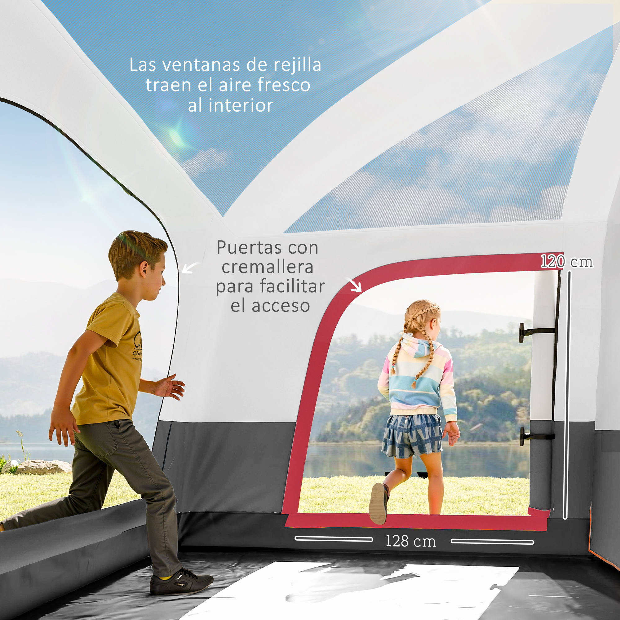 Niños corriendo hacia una carpa con puerta roja. La carpa tiene ventanas de malla.
