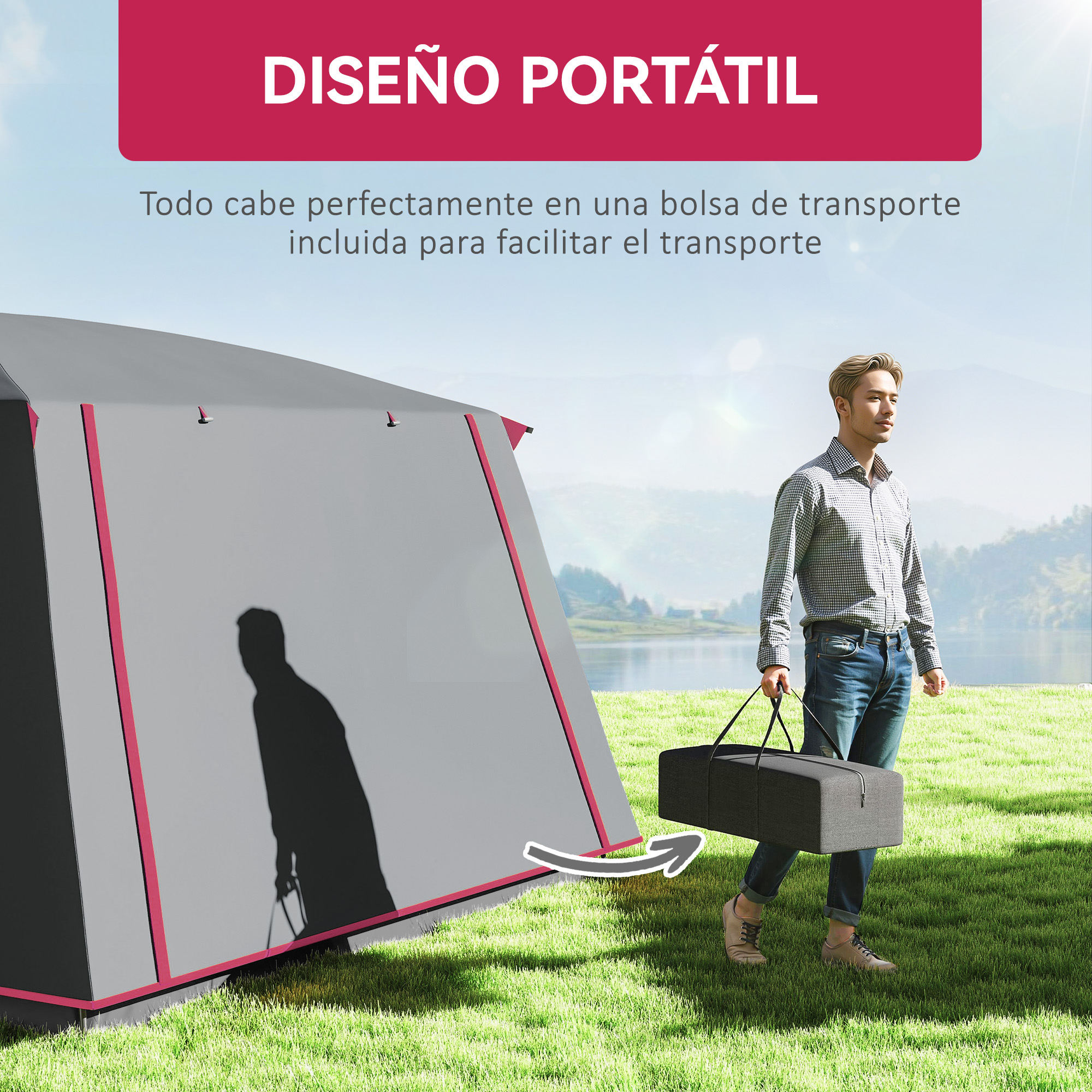 Hombre llevando una bolsa de carpa. La carpa está instalada en un área de césped.