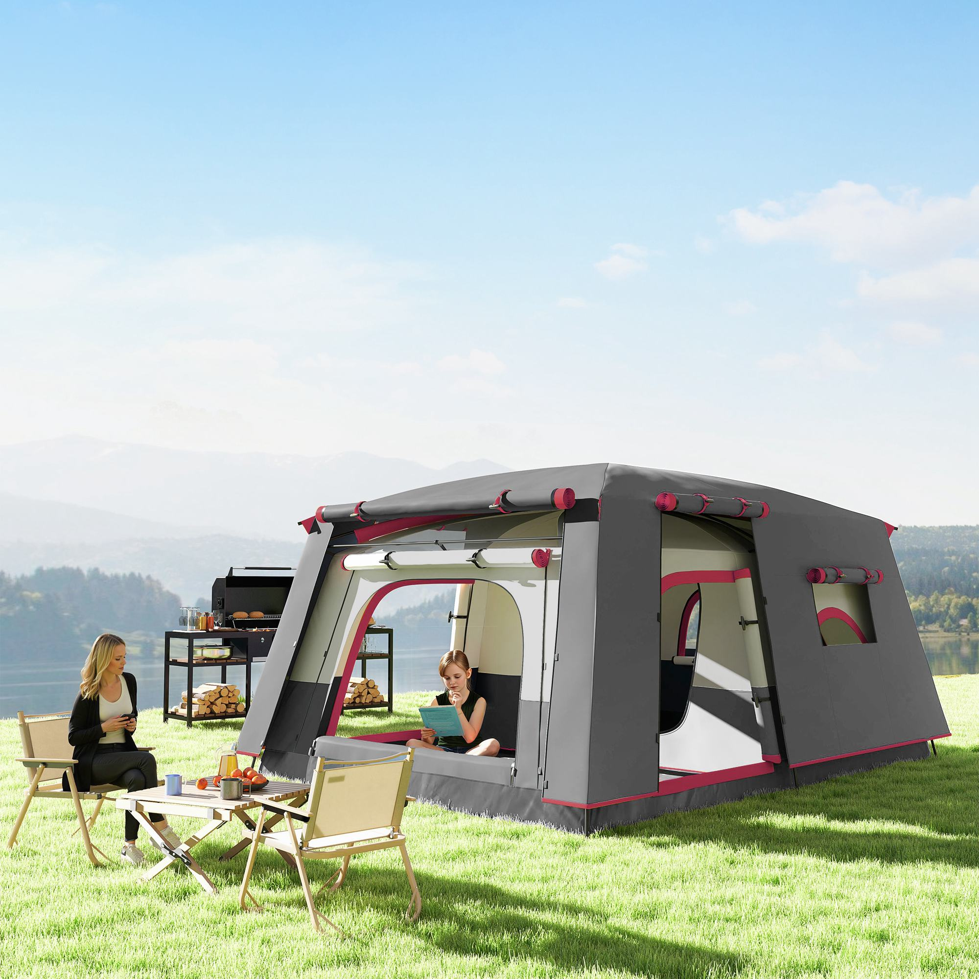 Familia acampando junto a una carpa, con comida en la mesa y una parrilla cerca.
