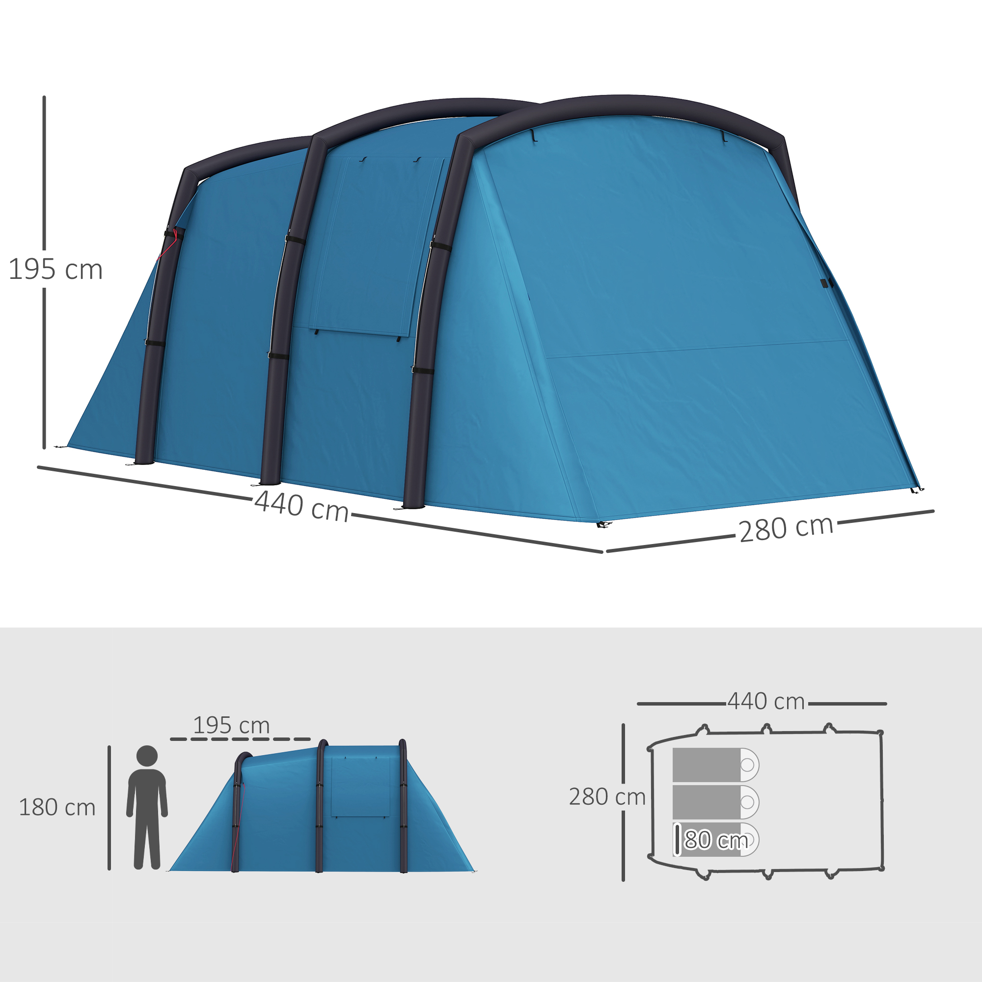 Diagrama de tienda azul con dimensiones y silueta de persona.