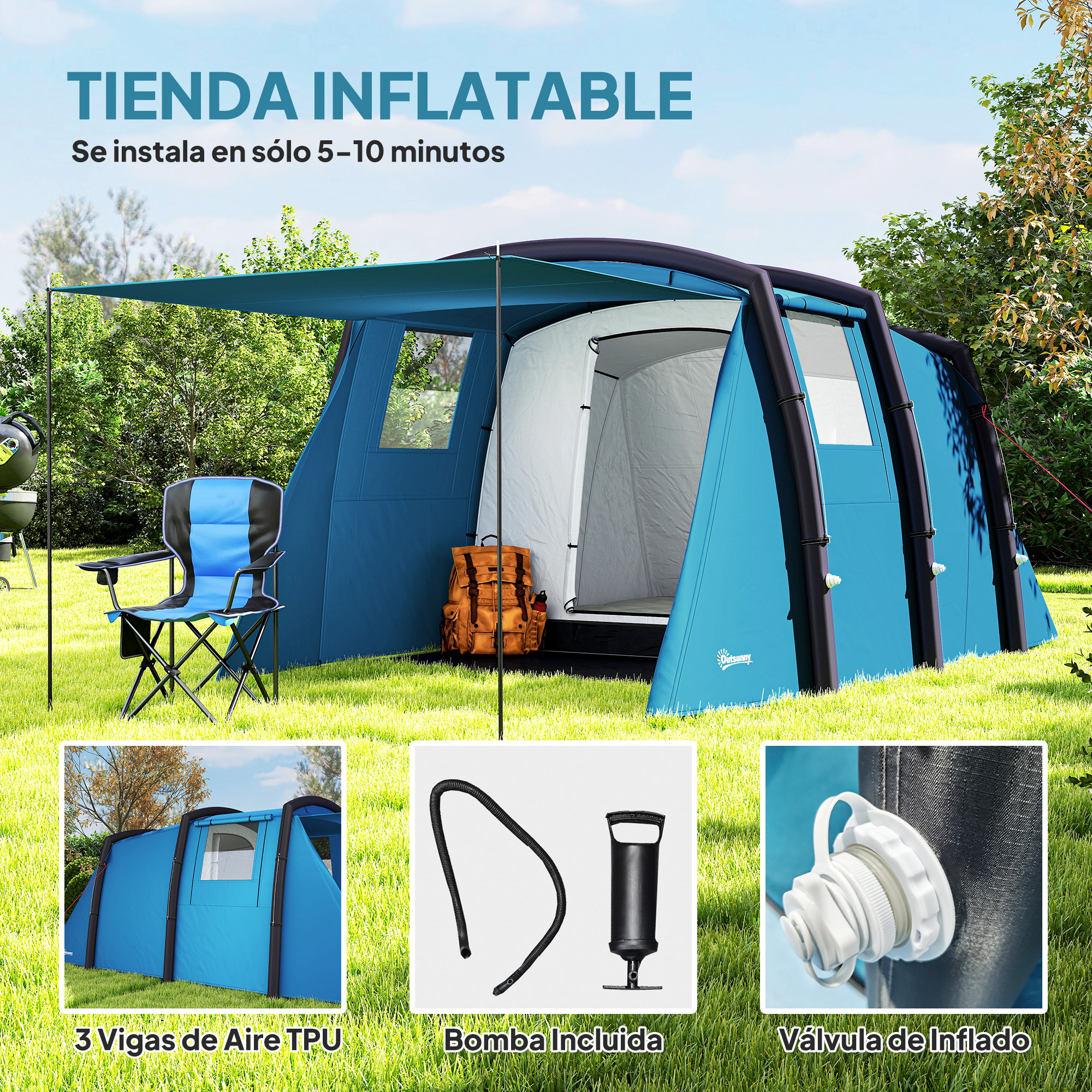 Carpa inflable azul con bomba y accesorios. Incluye mochila y silla.