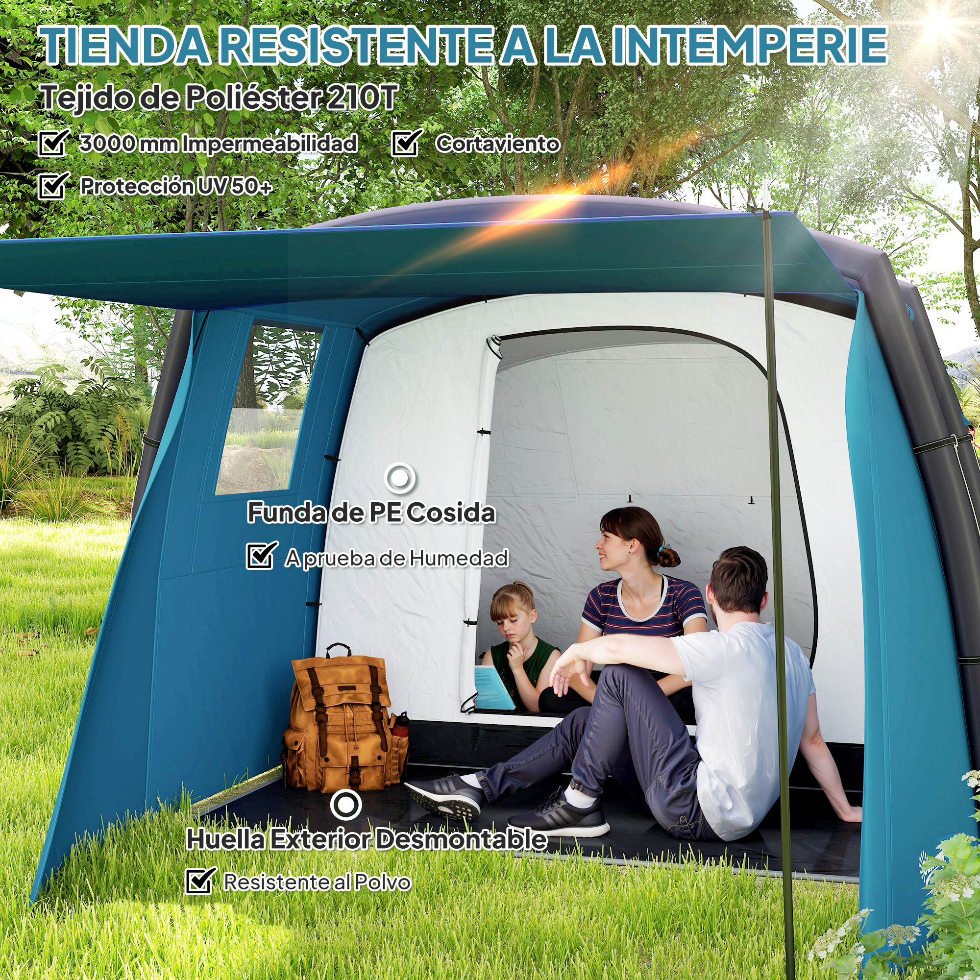 Familia dentro de una carpa azul. La carpa tiene suelo extraíble y es impermeable.
