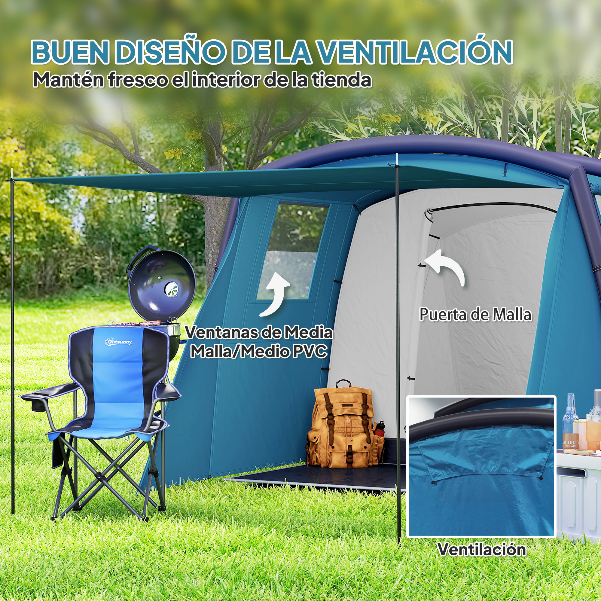 Carpa azul con parrilla, silla y mochila. La carpa tiene ventanas de malla.