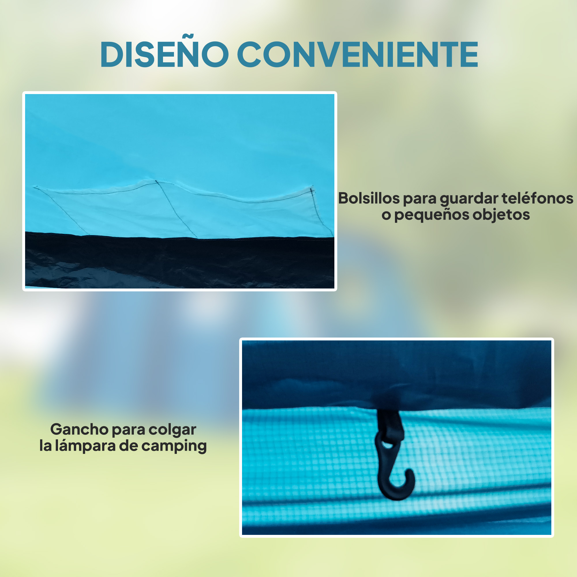 Detalles de una carpa azul con bolsillos y un gancho para una lámpara.