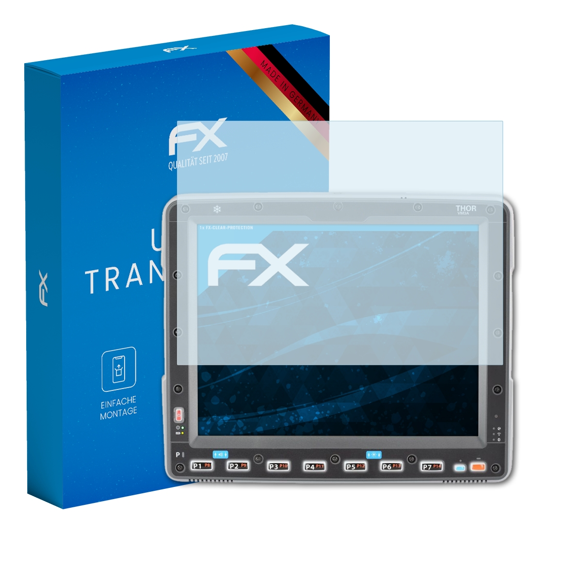 Bild zeigt ein Tablet mit Displayschutzfolie und einer blauen Box. Tablet hat einen dunklen Bildschirm.