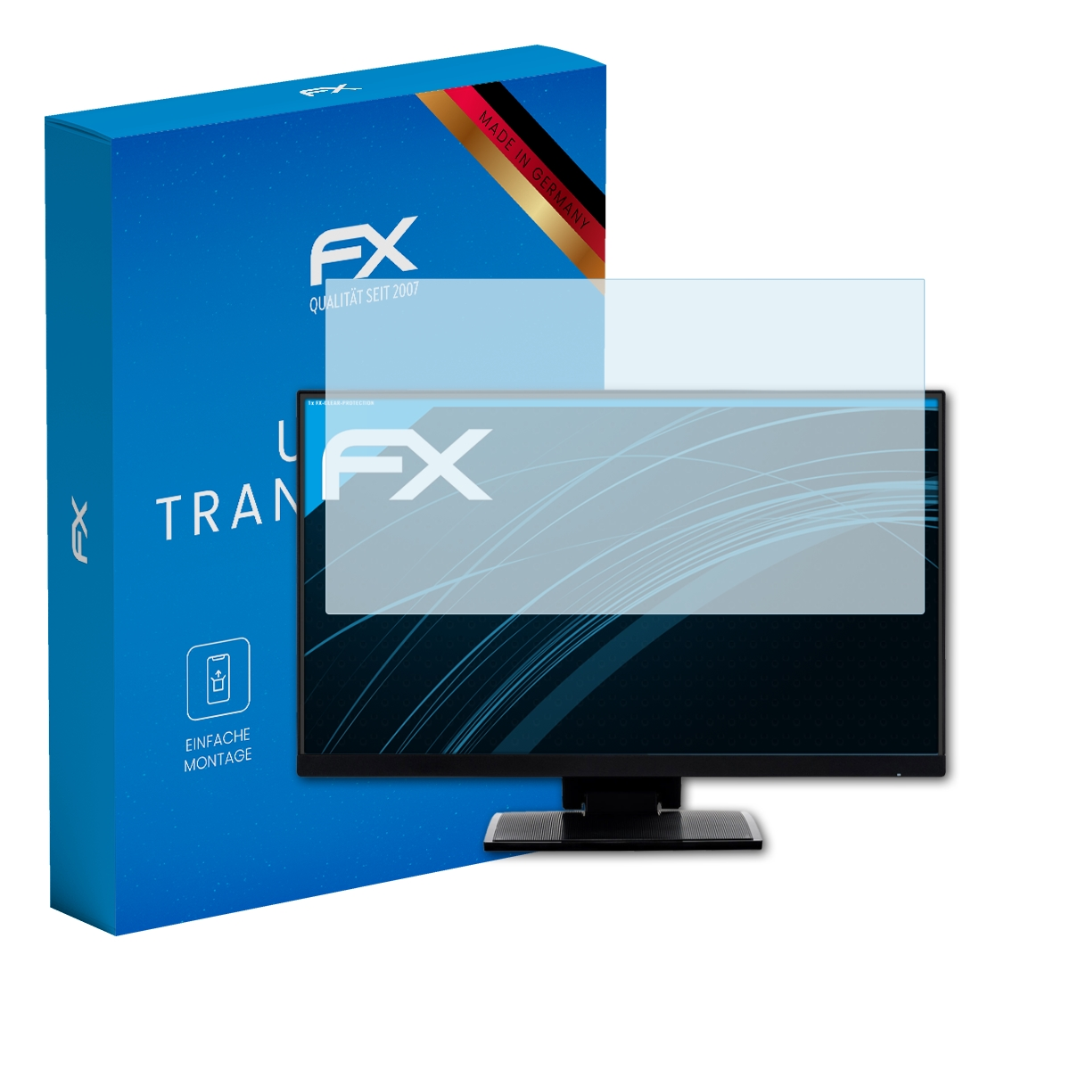 Bild zeigt einen Monitor mit Displayschutzfolie und einer blauen Box. Der Monitor hat einen dunklen Bildschirm.