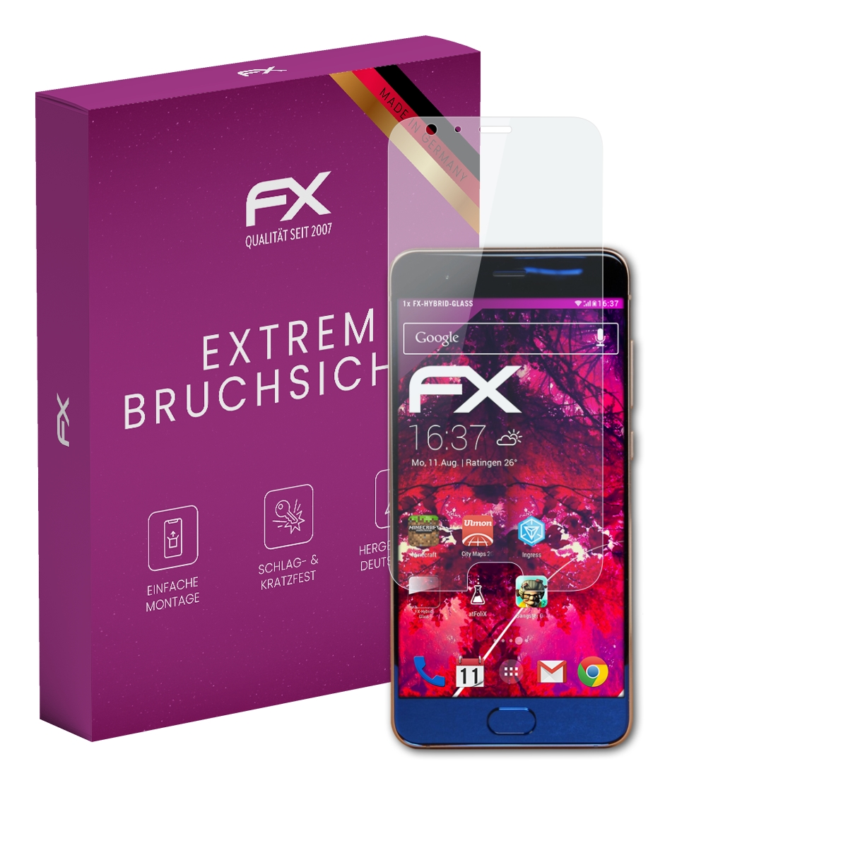 Lila Box mit FX-Etikett, mit einem Smartphone, das einen Displayschutz hat. Der Bildschirm ist rot.