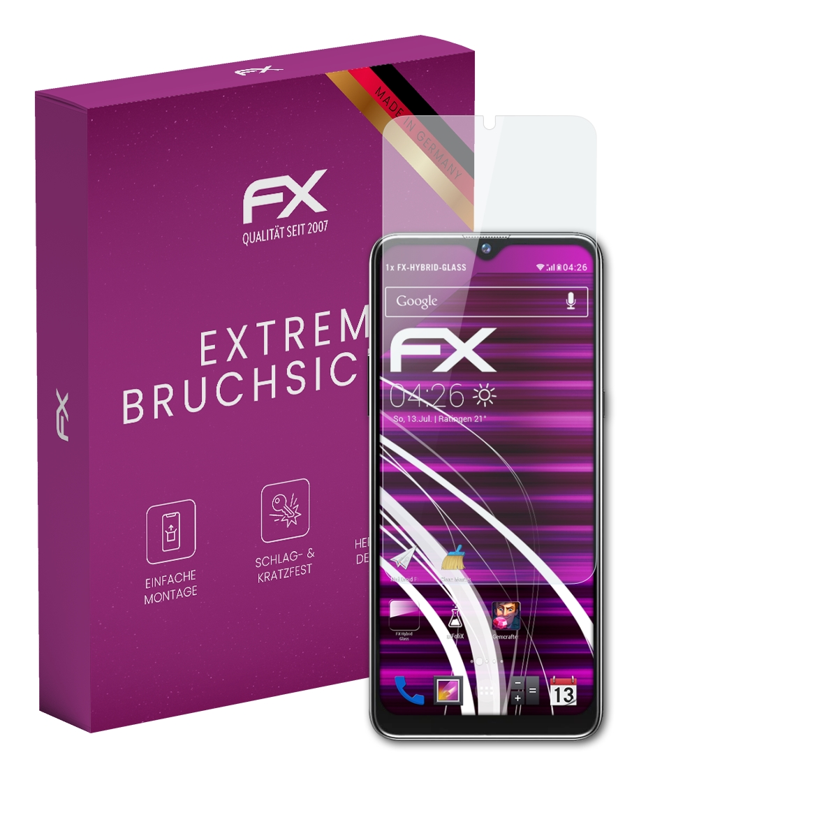 Smartphone mit Displayschutz und Produktbox. Das Telefon zeigt Zeit und App-Symbole.