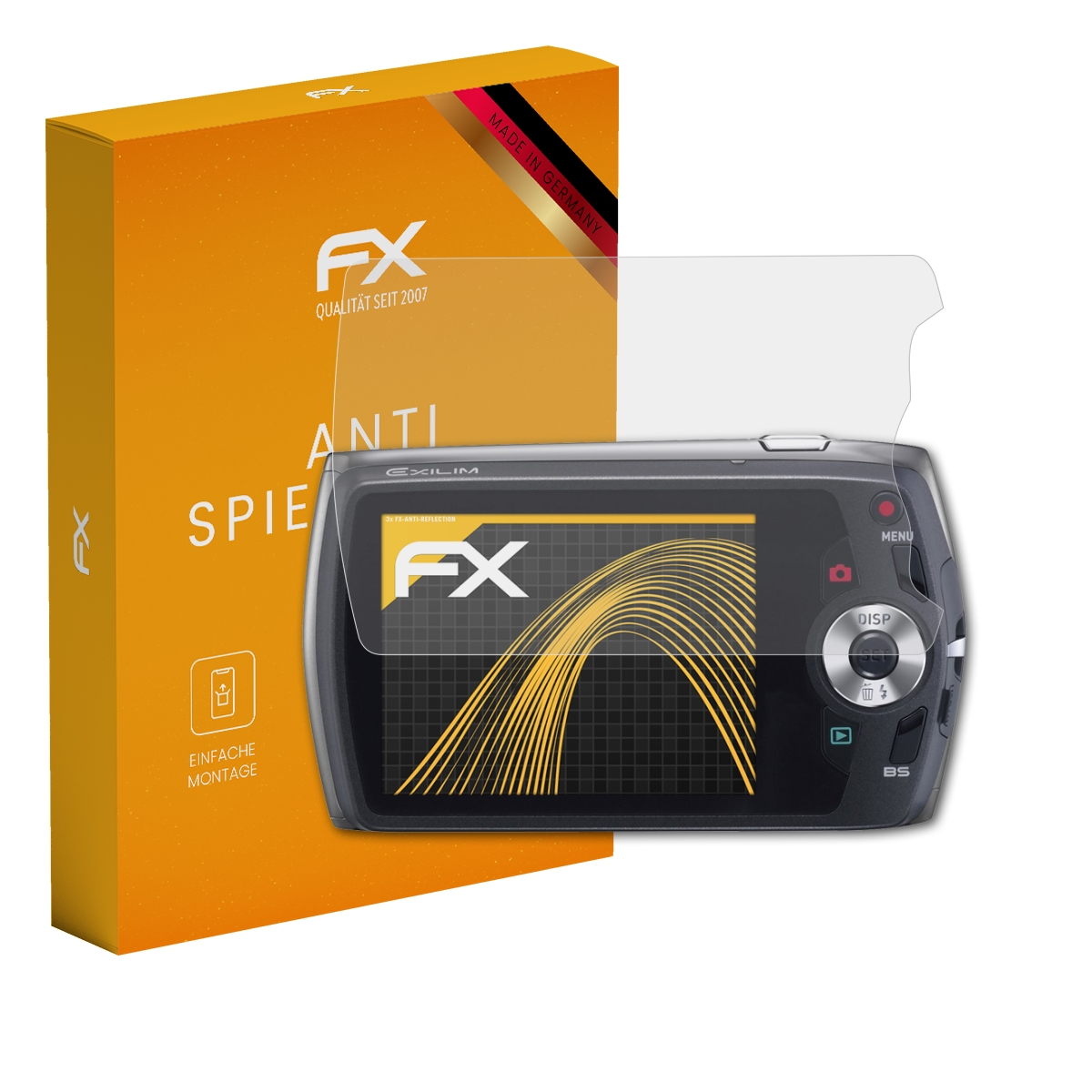 Kamera mit Displayschutzfolie und orangefarbener Box. Die Displayschutzfolie hat das FX-Logo.