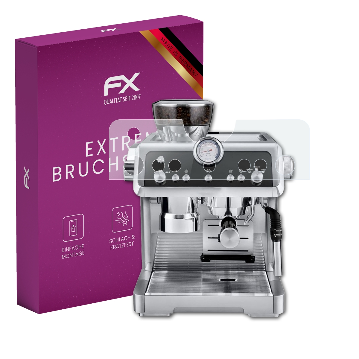 Espressomaschine mit Schutzfolie. Die Box ist lila und hat Text.