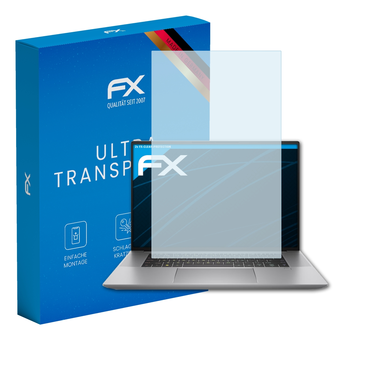 Ein Laptop mit Displayschutzfolie neben einer blauen Box mit Text und Logos. Der Schutz bedeckt den Bildschirm.