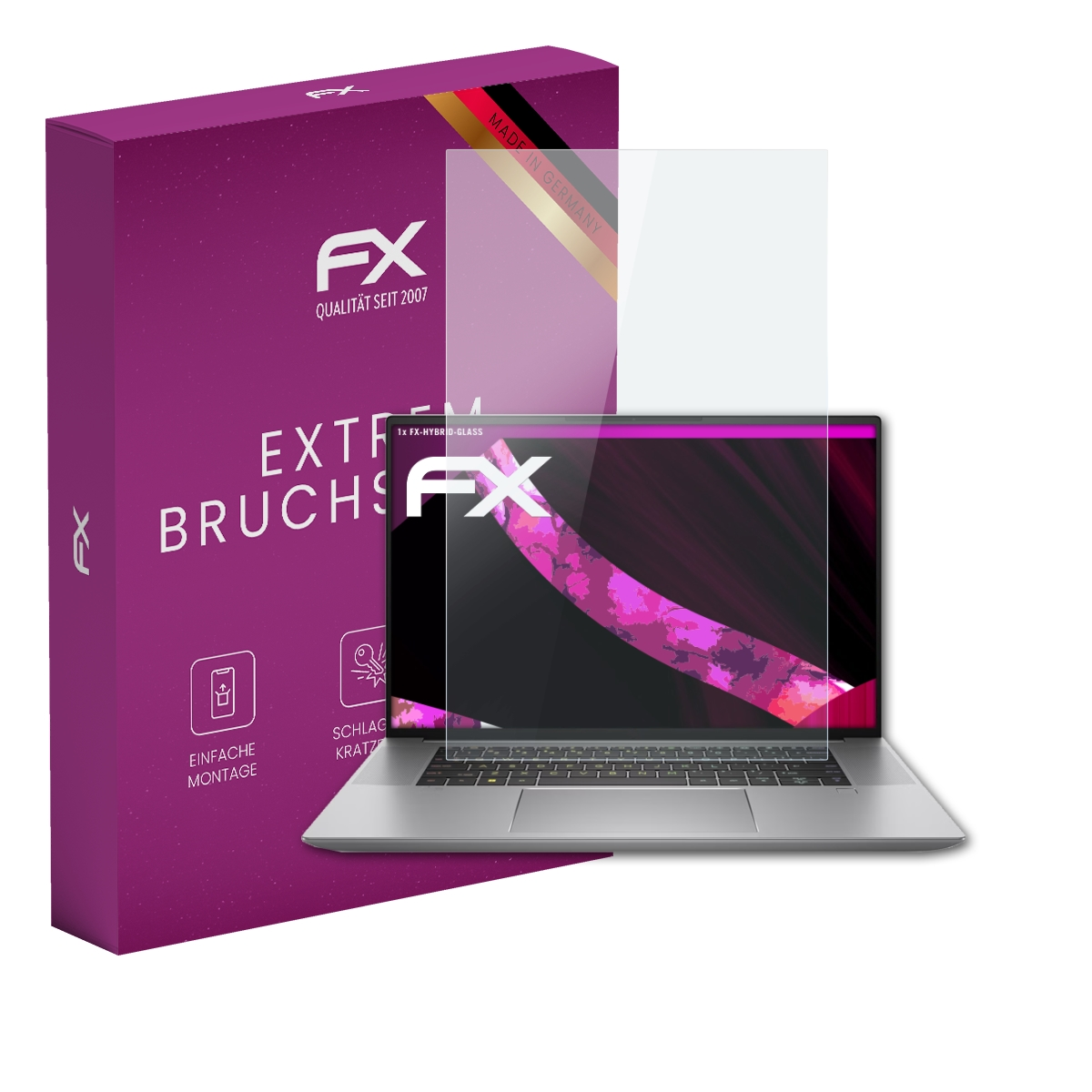 Laptop mit Displayschutzfolie und Box. Der Laptop ist geöffnet, der Bildschirm ist dunkel.