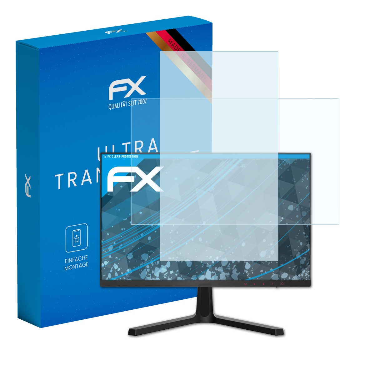 Ein Computermonitor mit Displayschutz und einer blauen Box auf weißem Hintergrund.