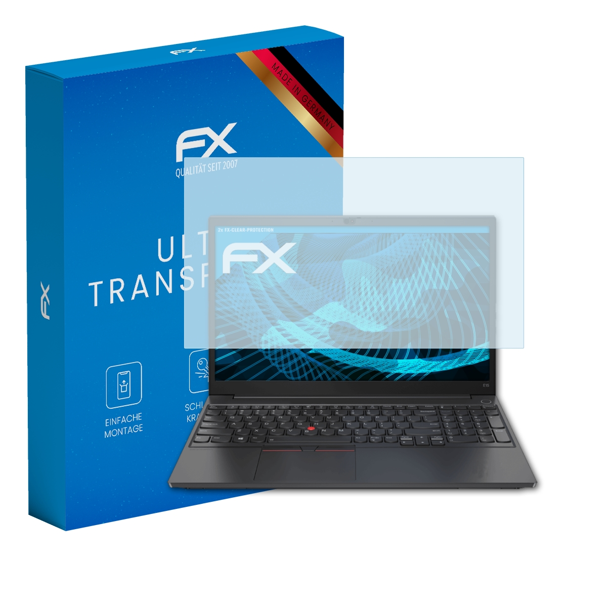 Ein Laptop mit einem Displayschutz und einer Box mit Text.