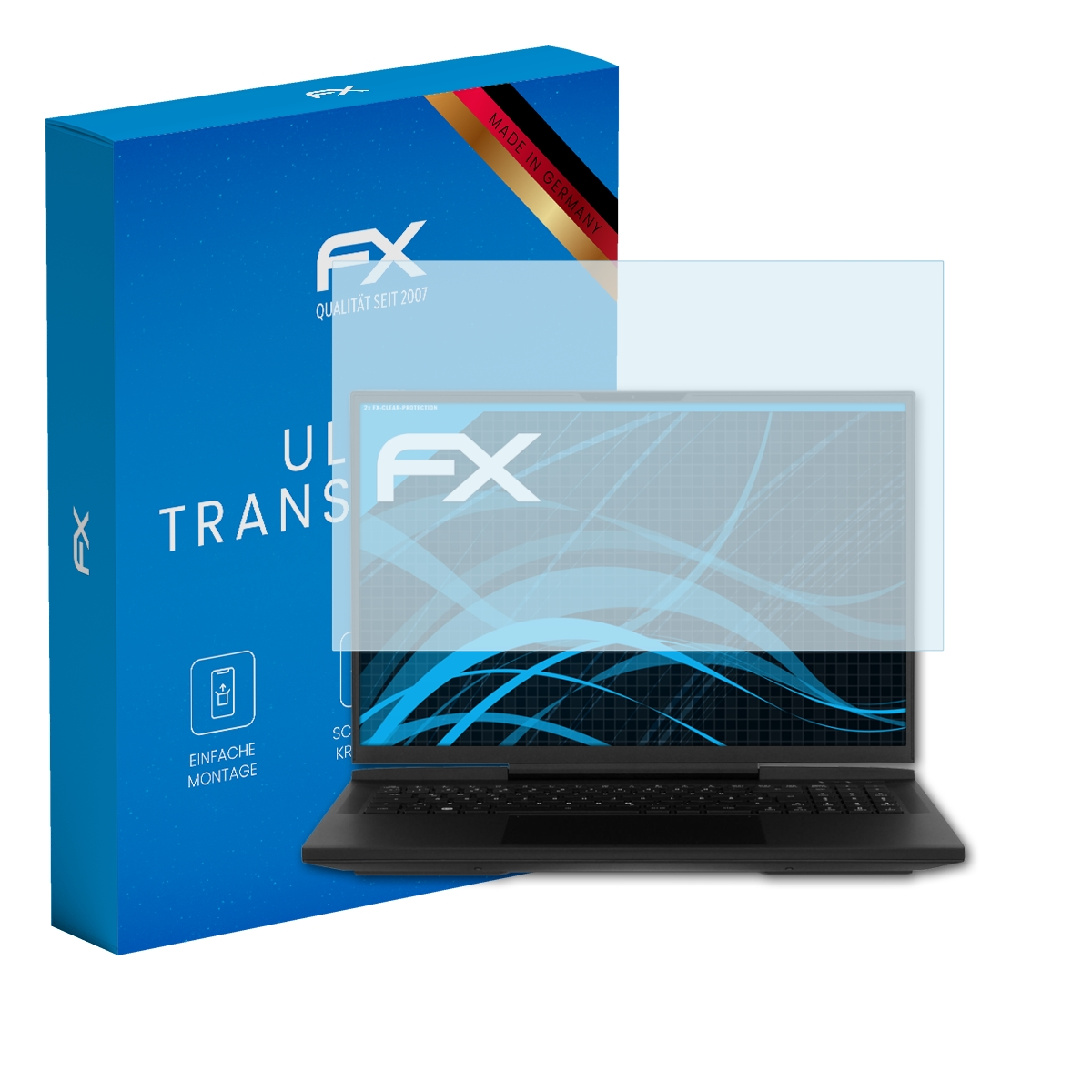 Ein Laptop mit Displayschutz, eine Box und Text mit der Aufschrift 'Ultra Transpar'.