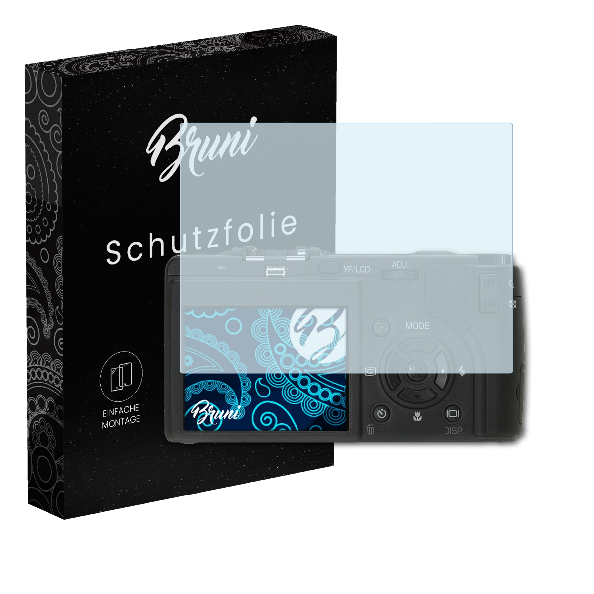 Kamera und Displayschutzfolie. Schwarze Box mit Text. Marke Bruni. Klare Folie über dem Bildschirm.