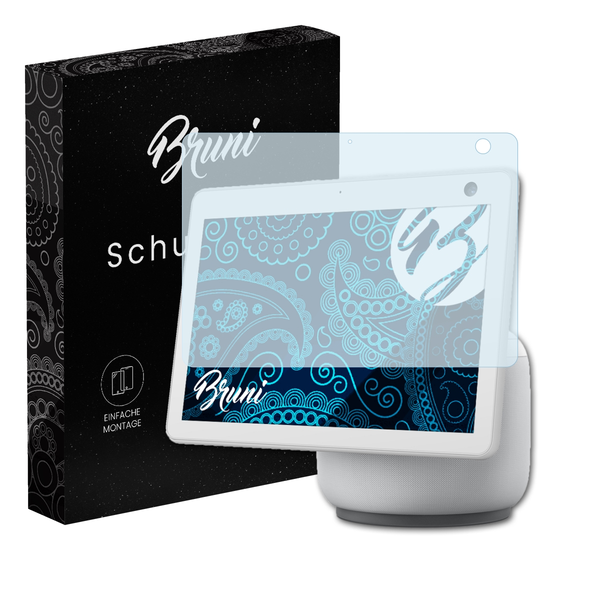 Smart Display, Displayschutzfolie. Box mit Branding, Display mit blauem Design.