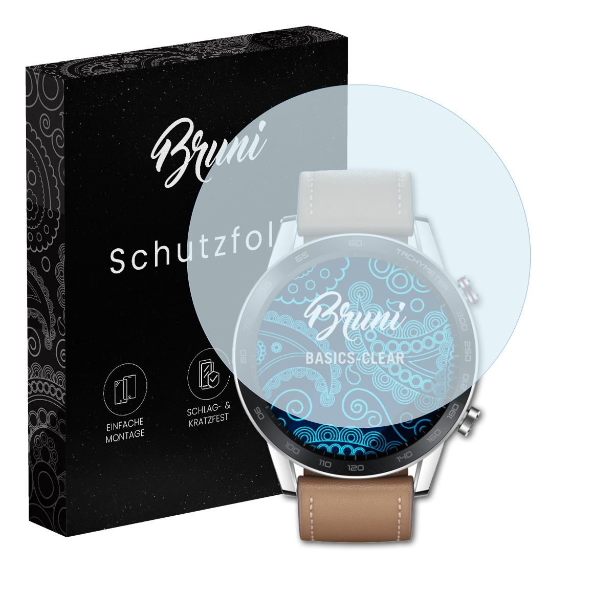 Uhr mit Schutzfolie, Box mit 'Bruni Schutzfolie' Text.