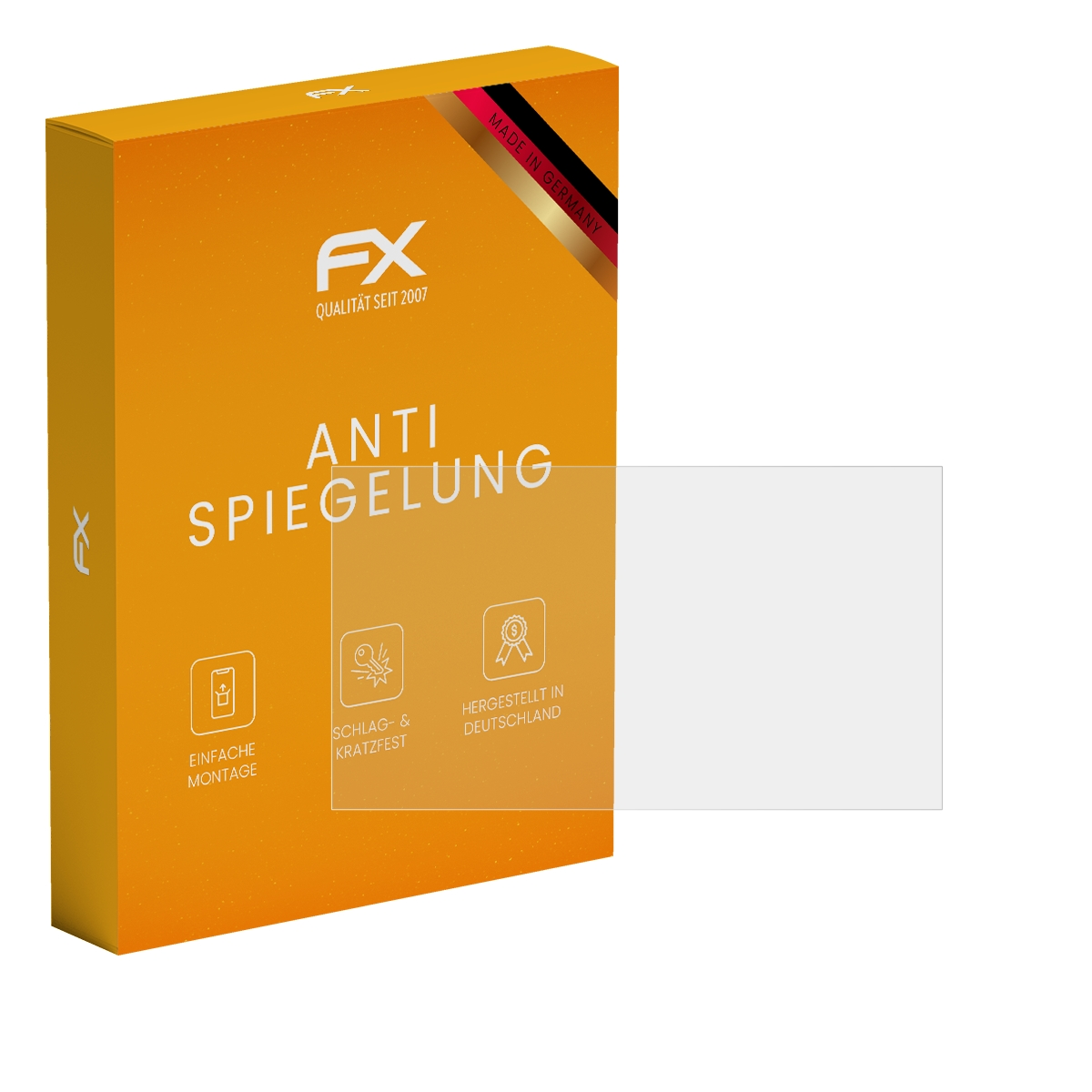 Eine Displayschutzfolie neben der Box. Beide zeigen das FX-Logo und deutschen Text.