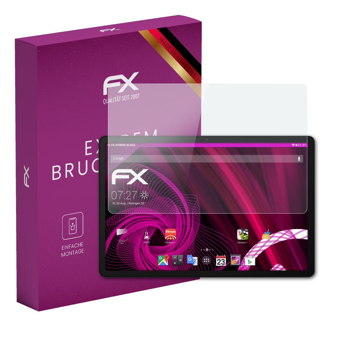 Ein Tablet mit Displayschutzfolie, Box mit Text.