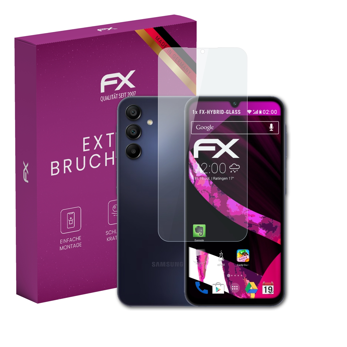 Eine lila Box, Displayschutz und ein Smartphone. Beide haben FX-Logo.